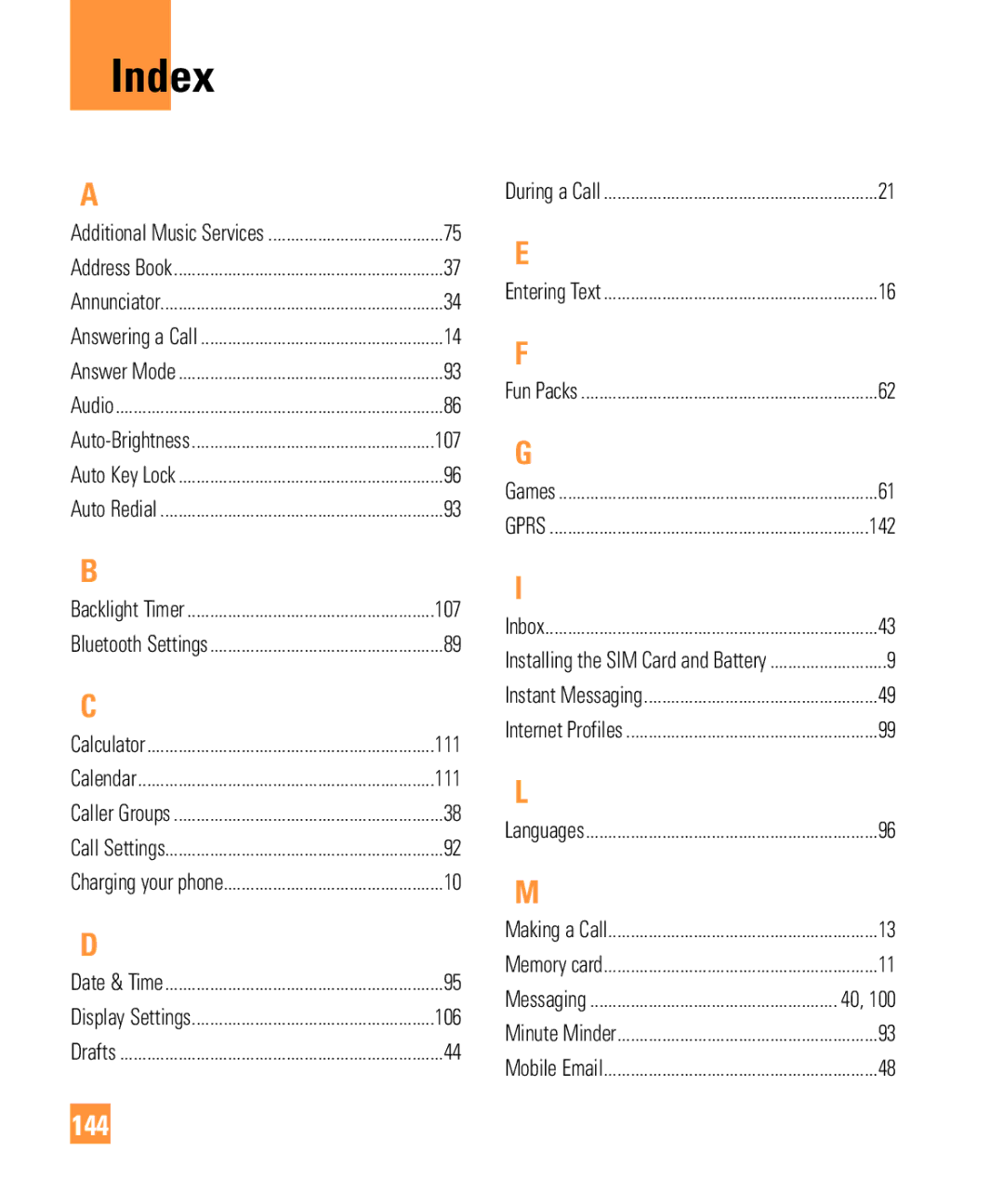 LG Electronics ARENA manual Index, 144, 142 