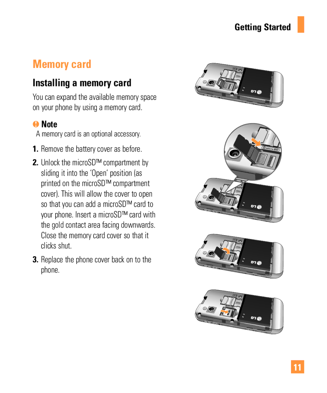 LG Electronics ARENA manual Memory card, Installing a memory card, Remove the battery cover as before 