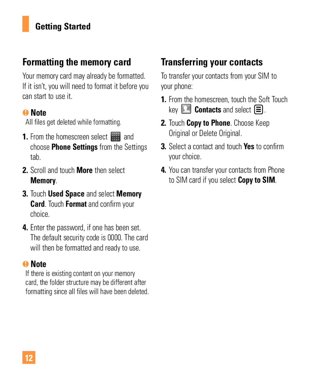 LG Electronics ARENA manual Formatting the memory card, Transferring your contacts 