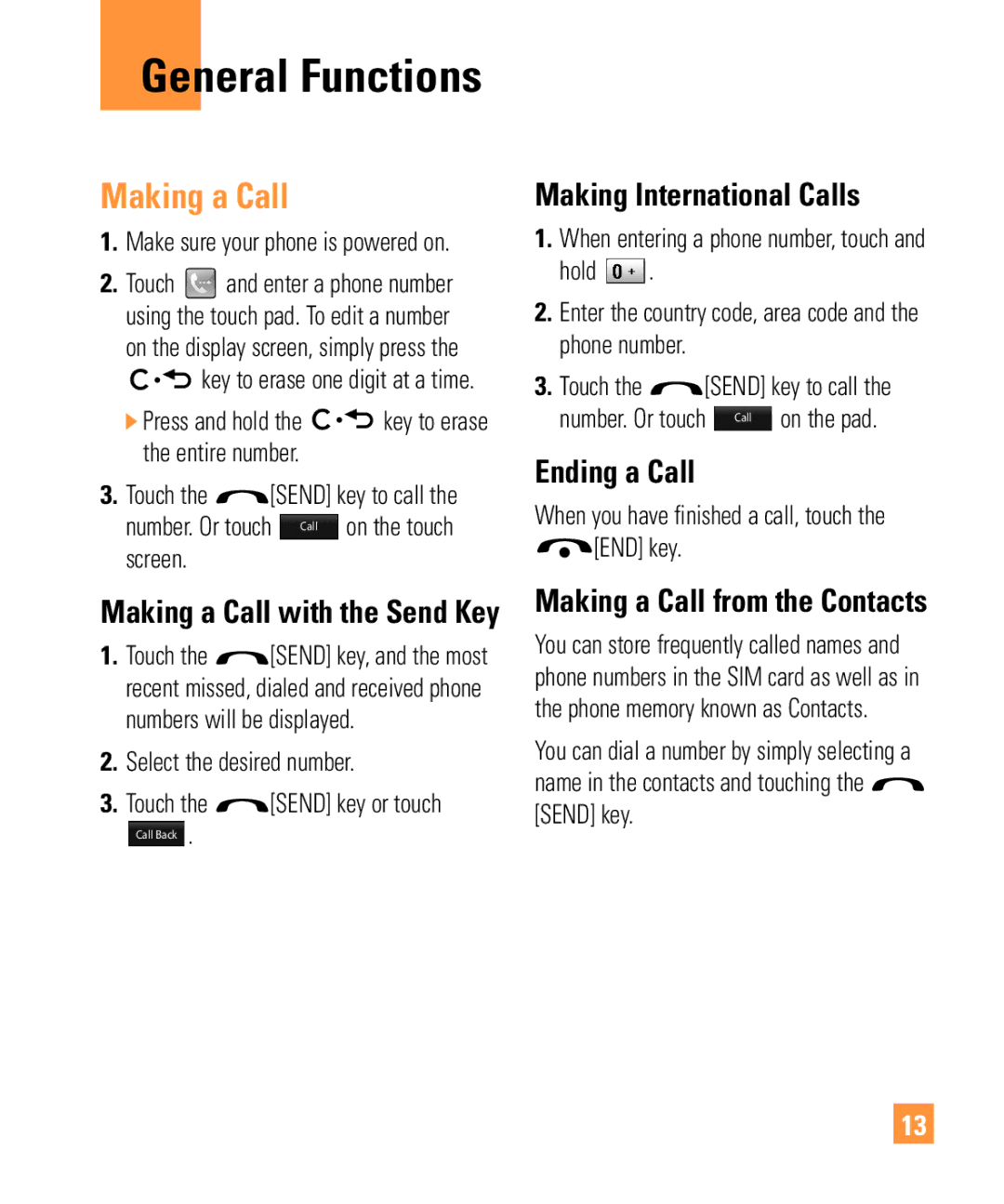 LG Electronics ARENA manual General Functions, Making a Call, Making International Calls, Ending a Call 