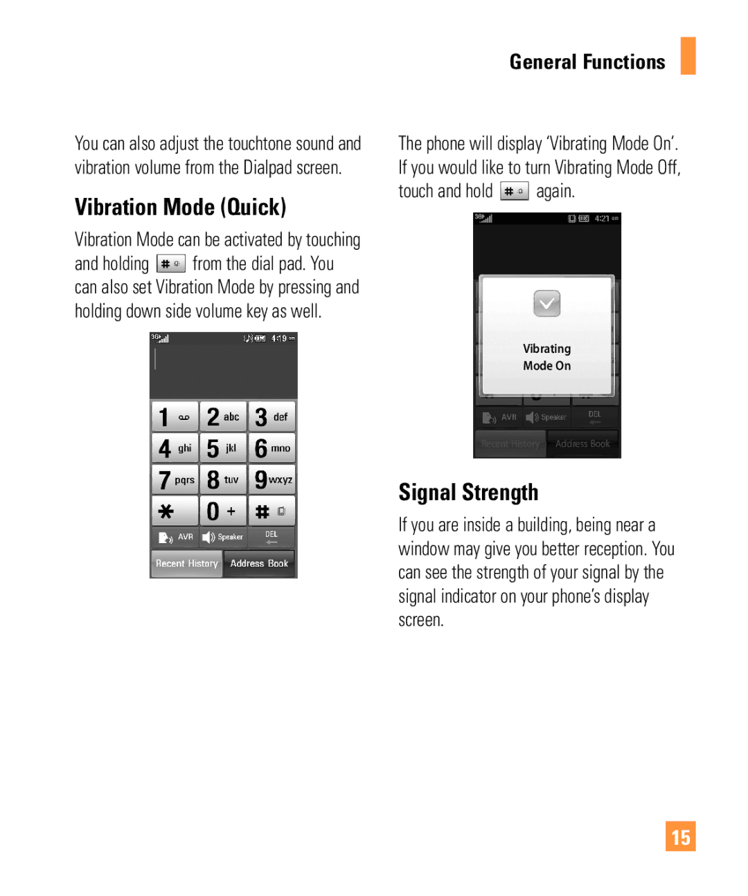 LG Electronics ARENA manual Vibration Mode Quick, Signal Strength, Touch and hold again 