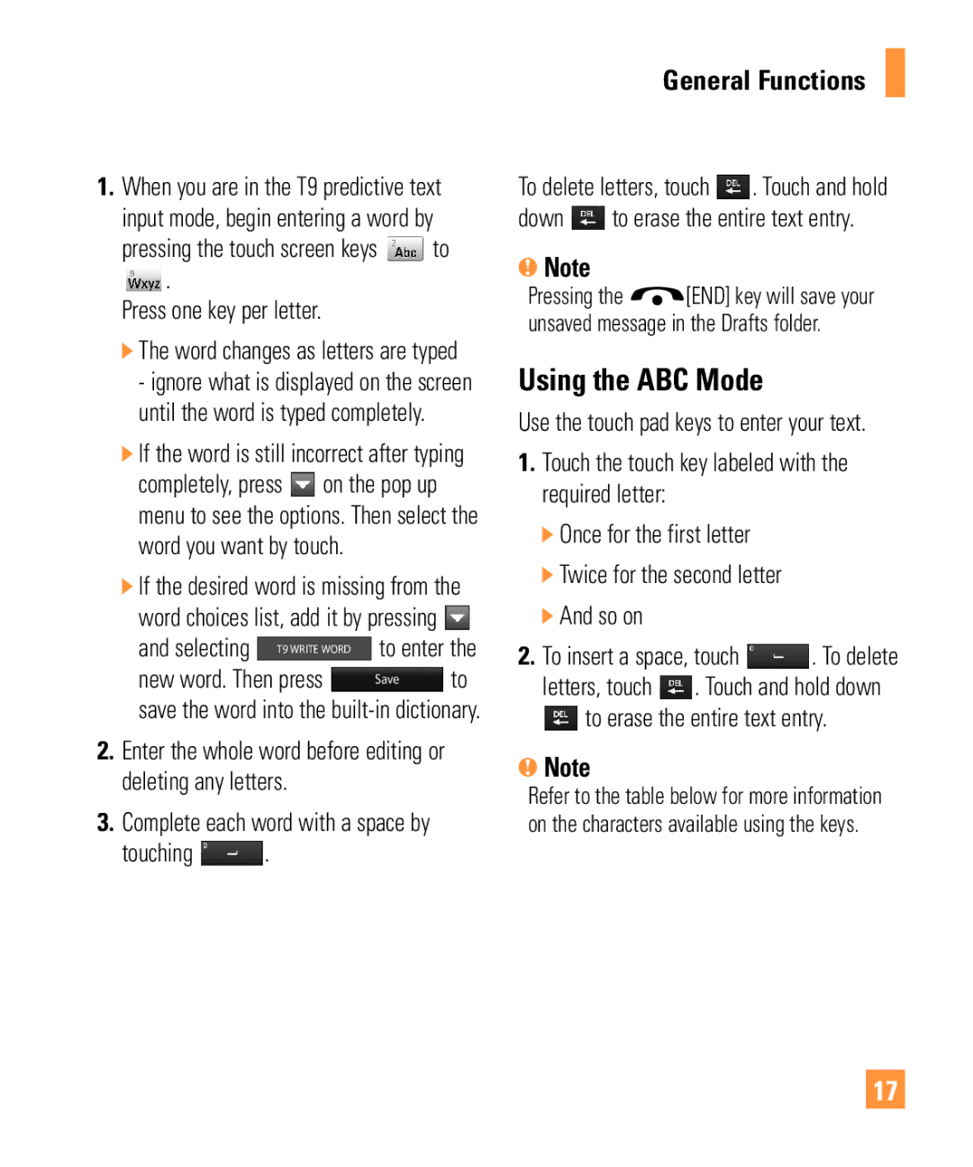 LG Electronics ARENA manual Using the ABC Mode, Press one key per letter, Touching, Once for the first letter 