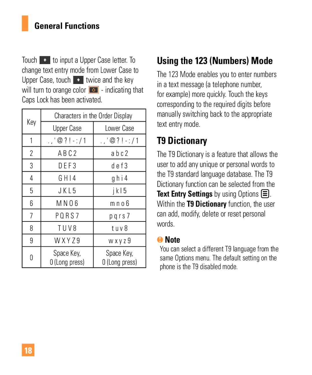 LG Electronics ARENA manual Using the 123 Numbers Mode, T9 Dictionary 