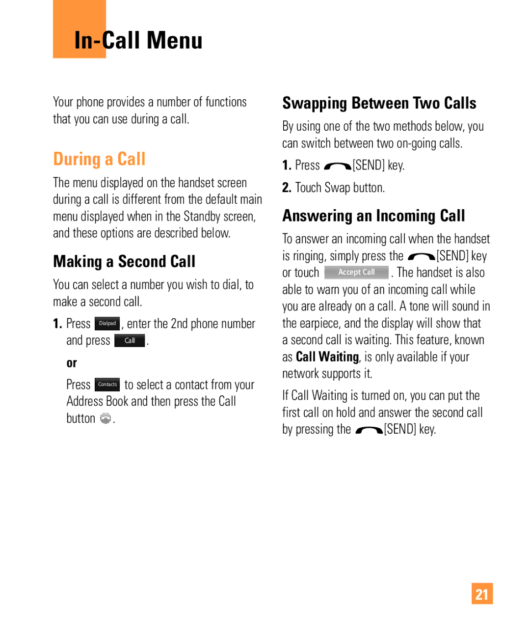 LG Electronics ARENA manual In-Call Menu, During a Call, Making a Second Call, Swapping Between Two Calls 