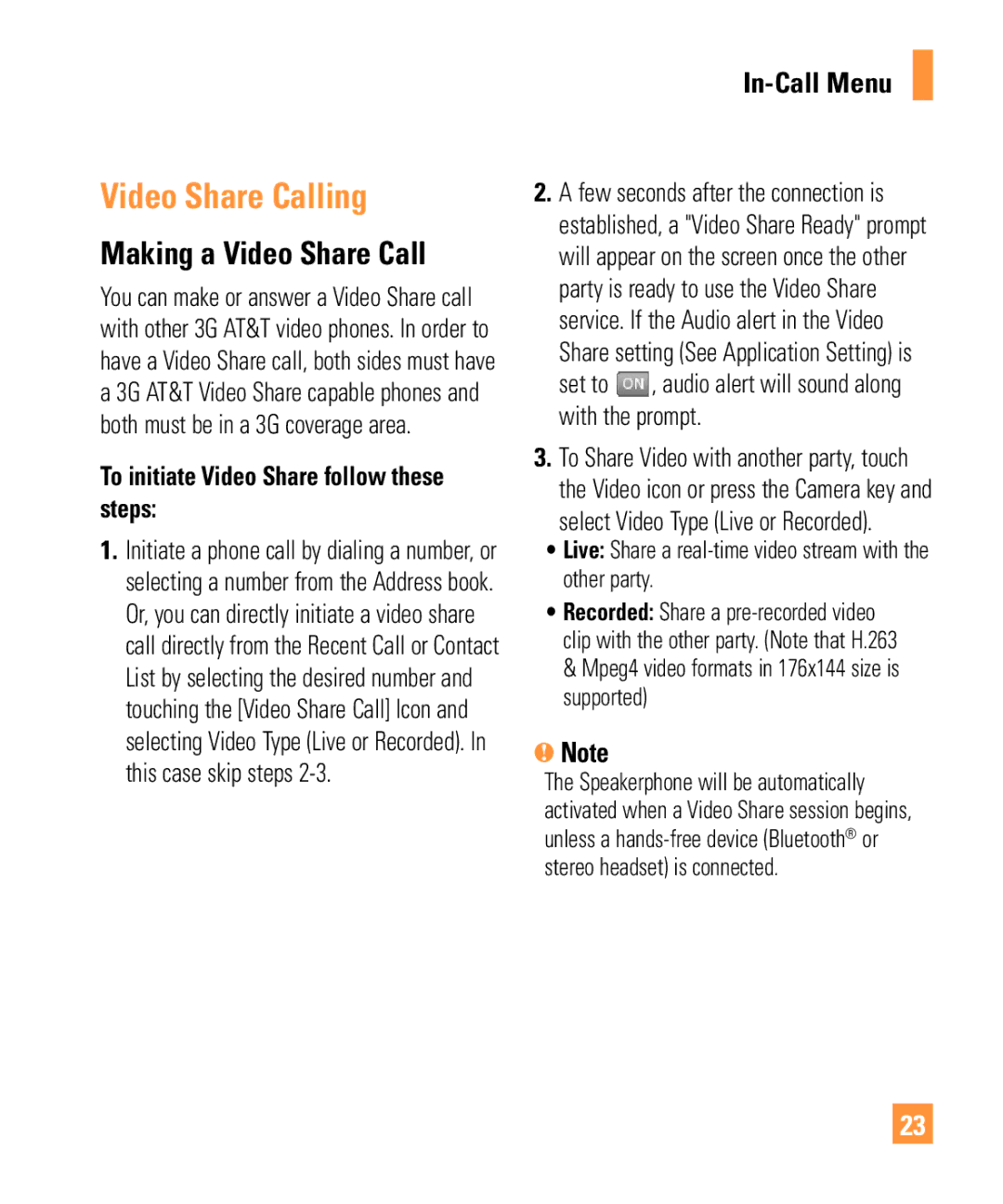 LG Electronics ARENA manual Video Share Calling, Making a Video Share Call, To initiate Video Share follow these steps 