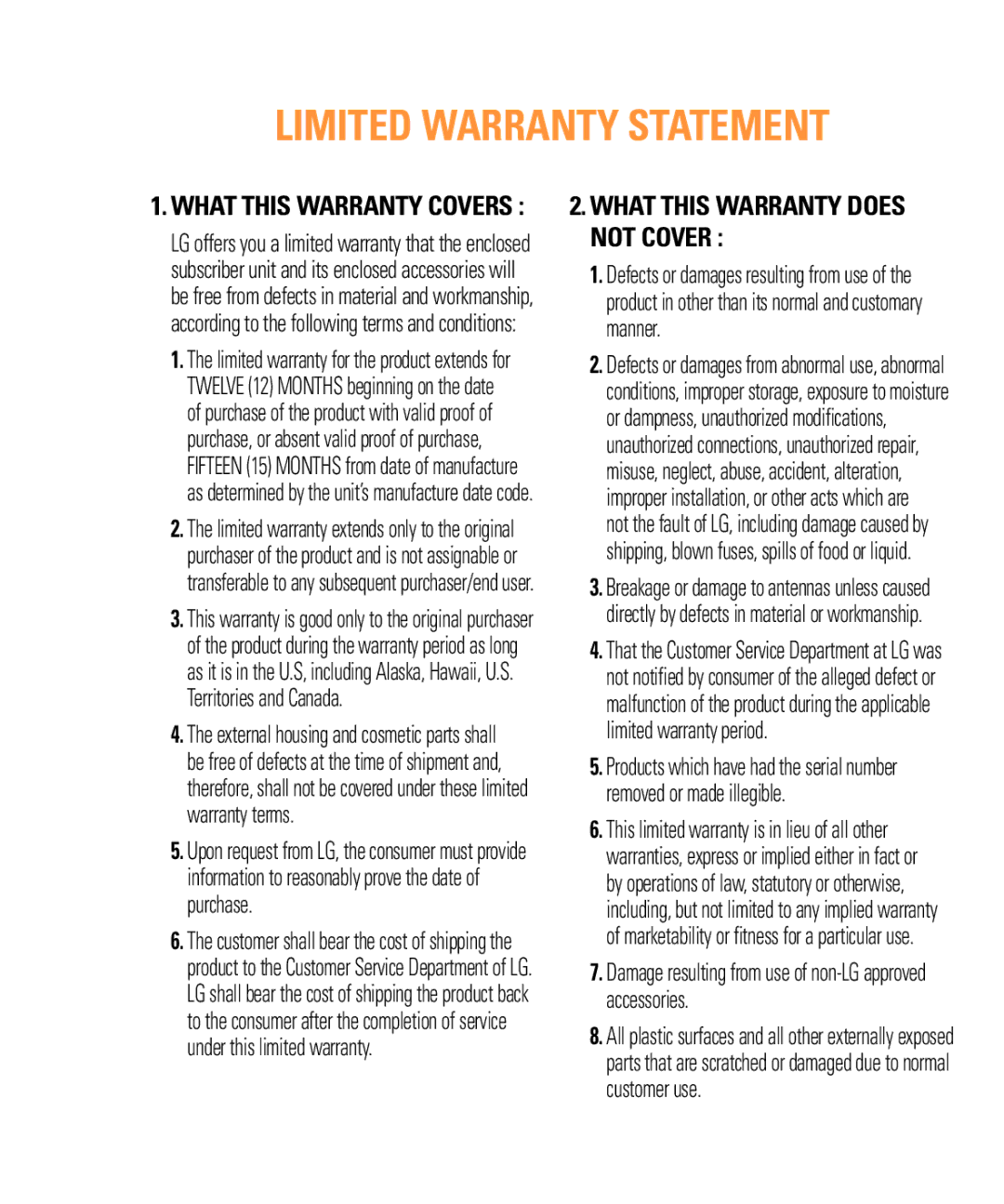 LG Electronics ARENA manual Limited Warranty Statement 