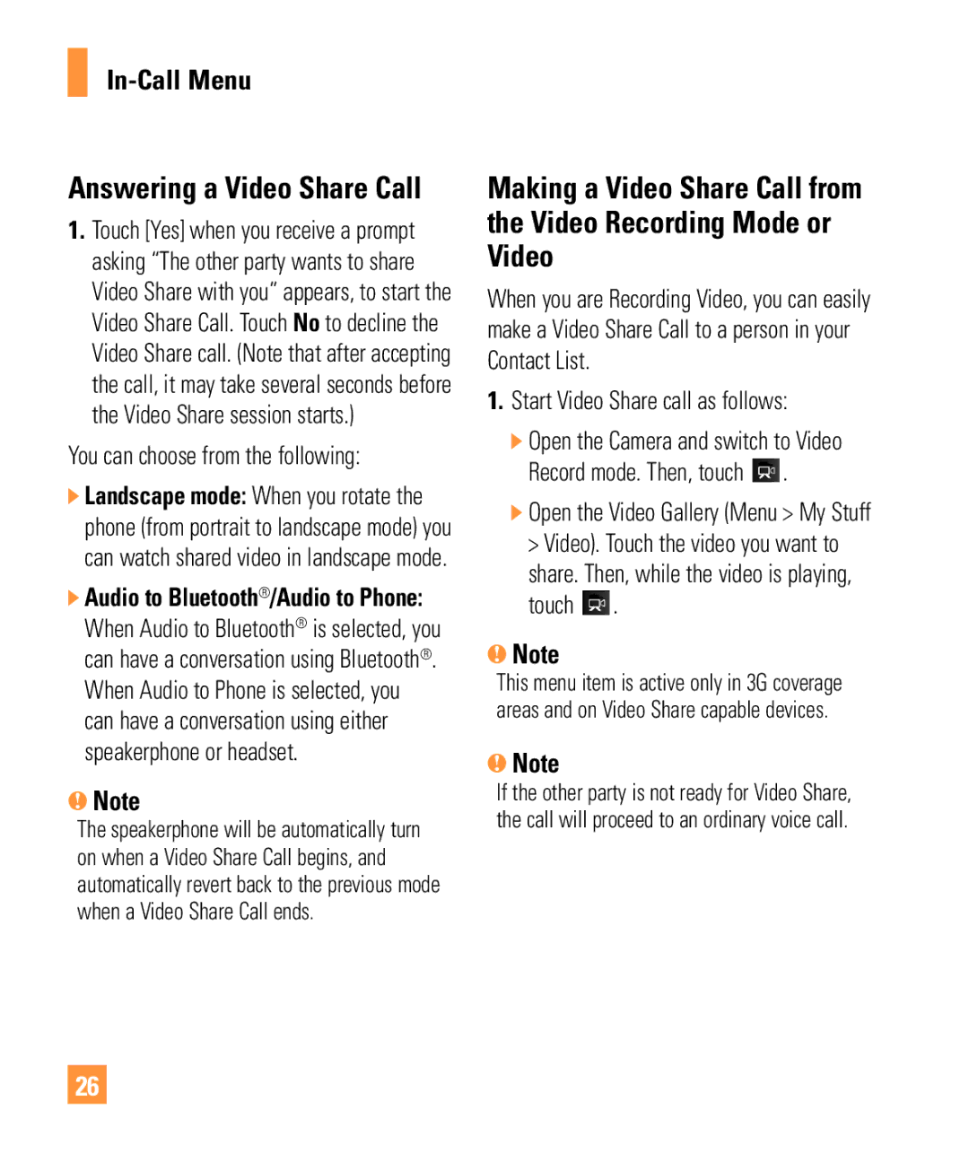 LG Electronics ARENA manual In-Call Menu Answering a Video Share Call, Start Video Share call as follows 