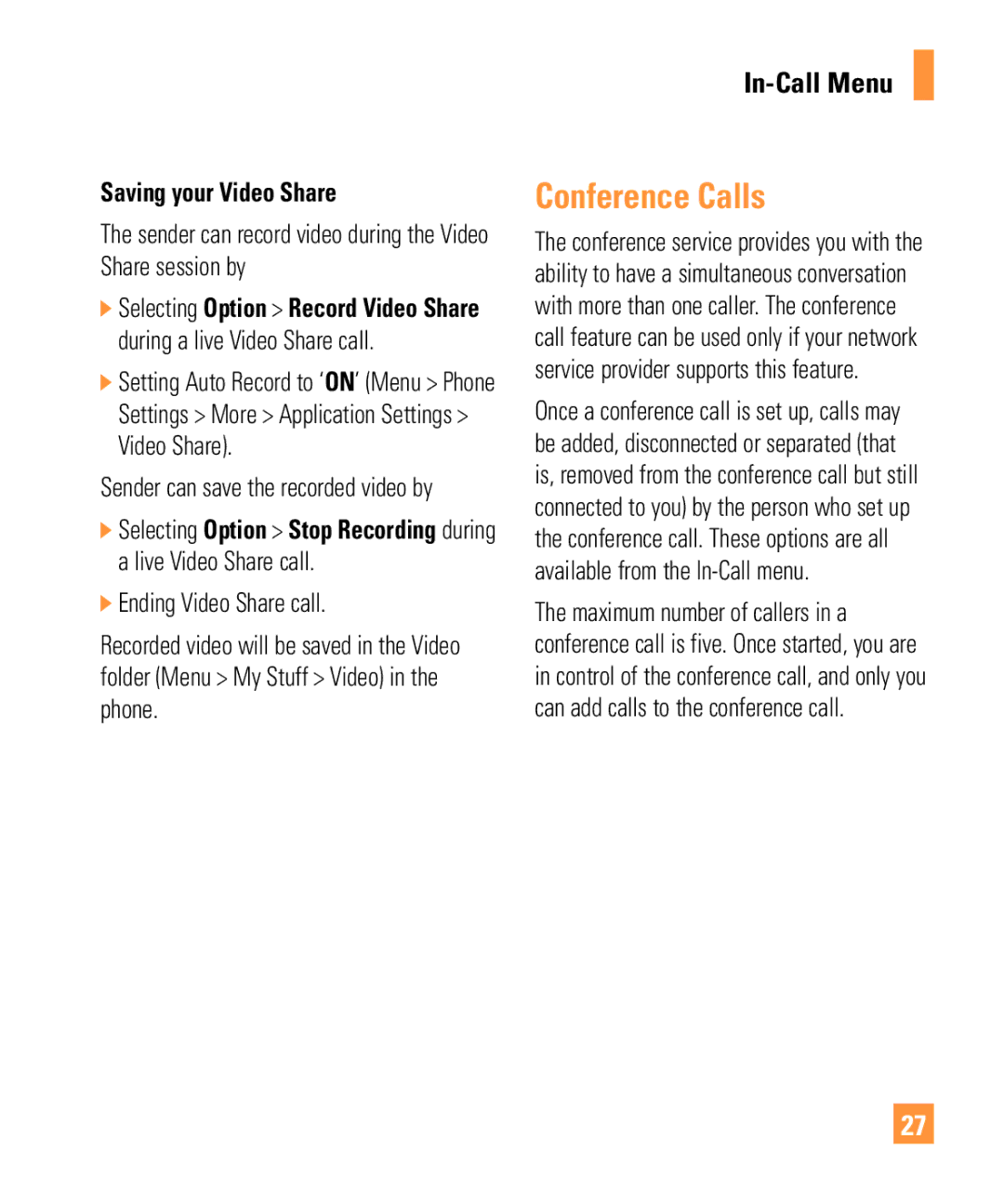 LG Electronics ARENA manual Conference Calls, Saving your Video Share, Ending Video Share call 