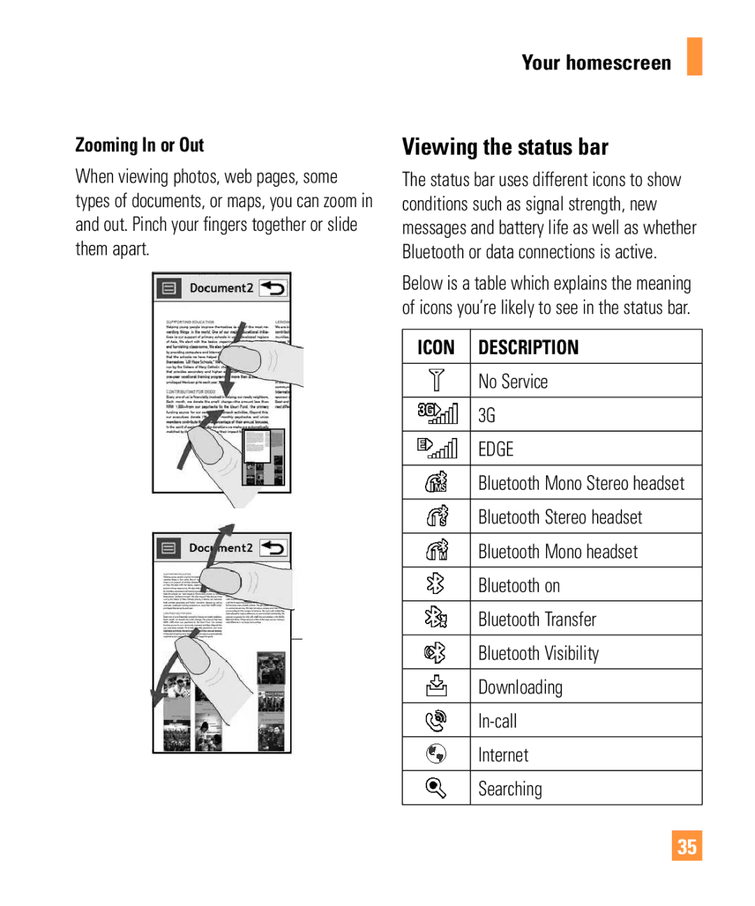 LG Electronics ARENA manual Viewing the status bar, Zooming In or Out, No Service, Bluetooth Mono Stereo headset 