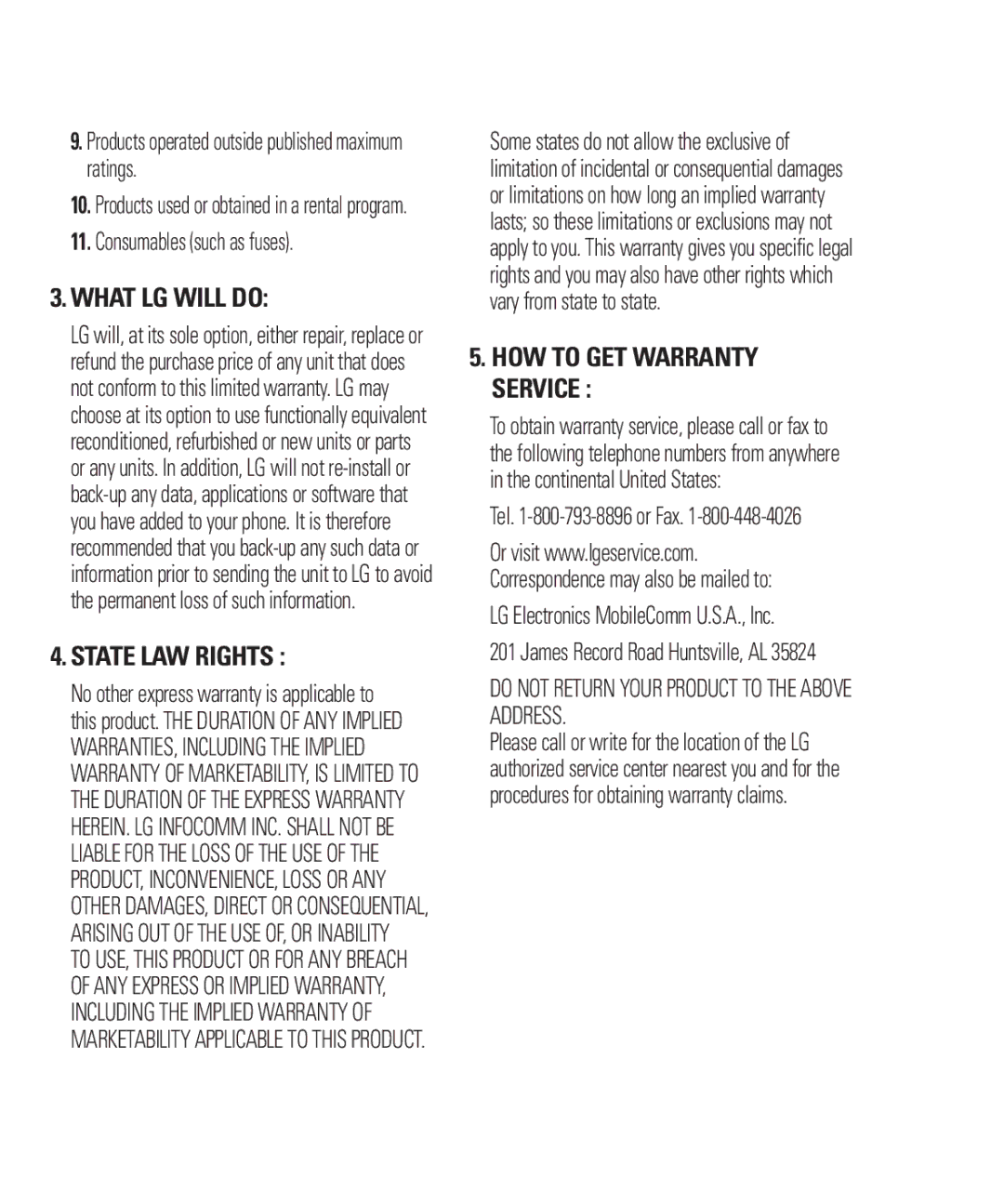 LG Electronics ARENA manual Products operated outside published maximum ratings, Consumables such as fuses 