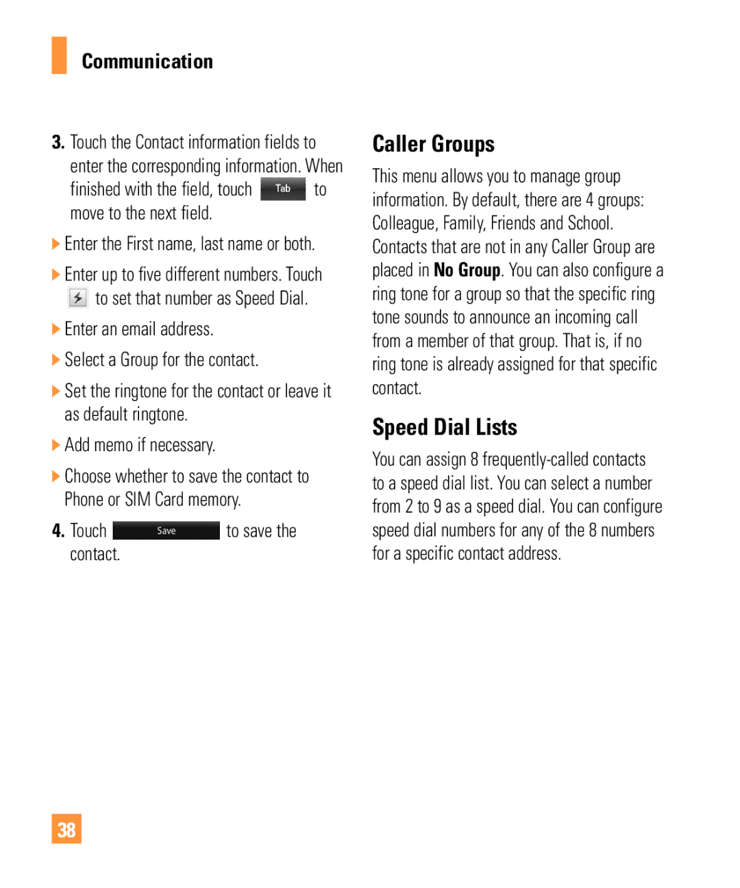 LG Electronics ARENA manual Caller Groups, Speed Dial Lists, Enter an email address Select a Group for the contact, Contact 