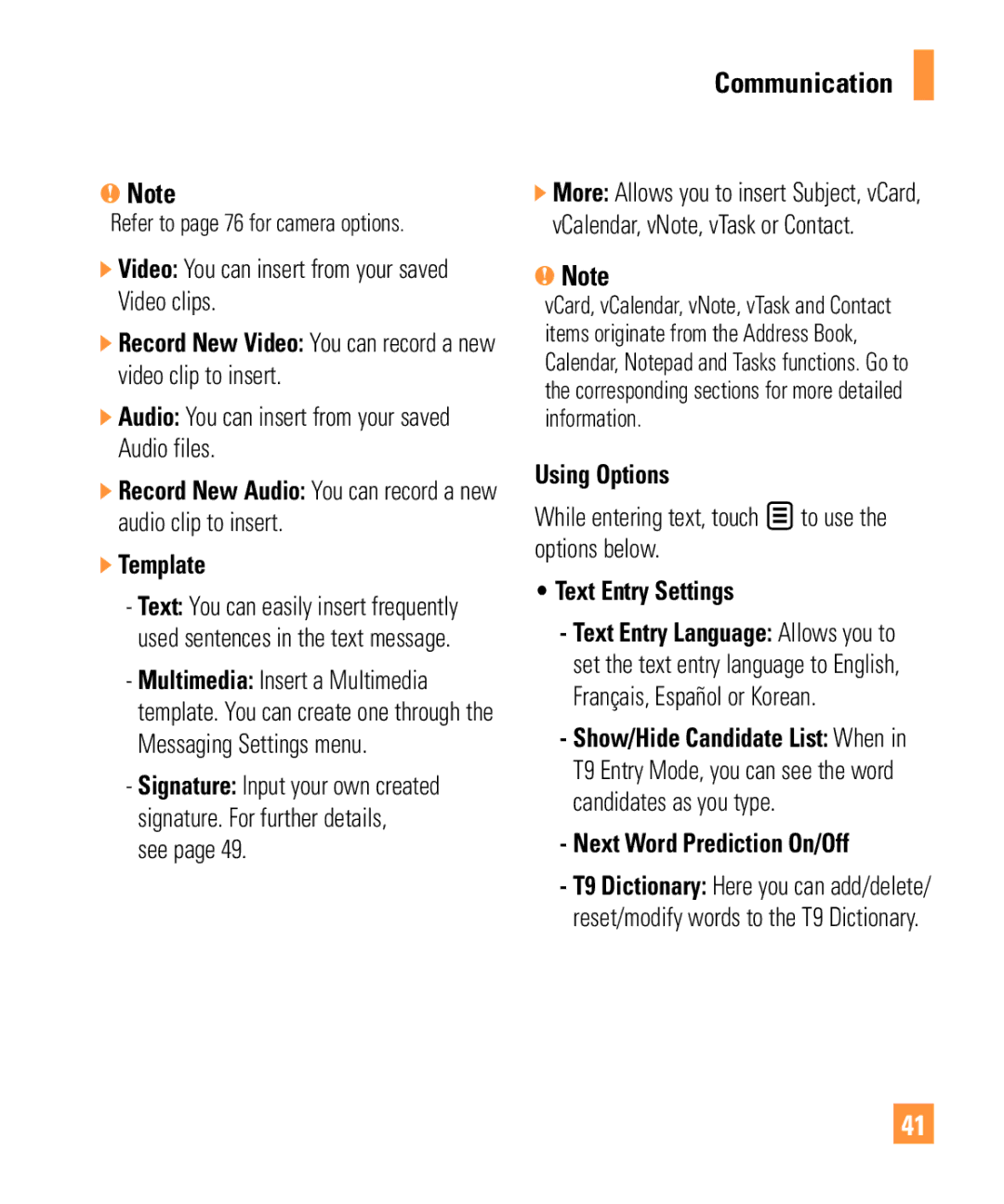 LG Electronics ARENA manual Template, Using Options, Text Entry Settings, Next Word Prediction On/Off 