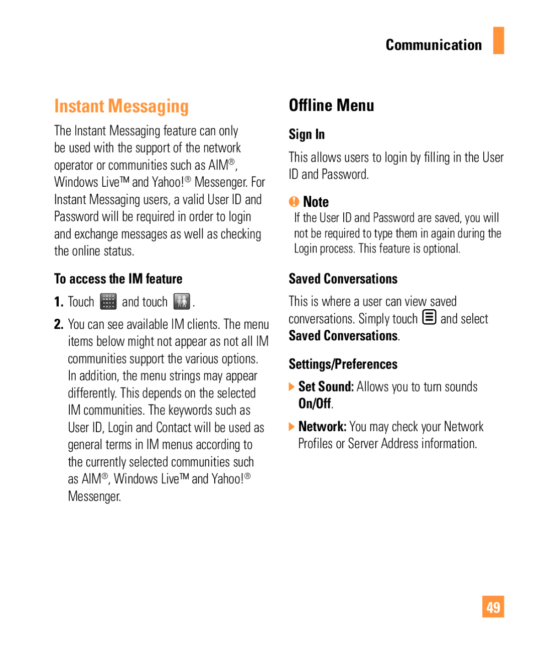 LG Electronics ARENA manual Instant Messaging, Offline Menu 