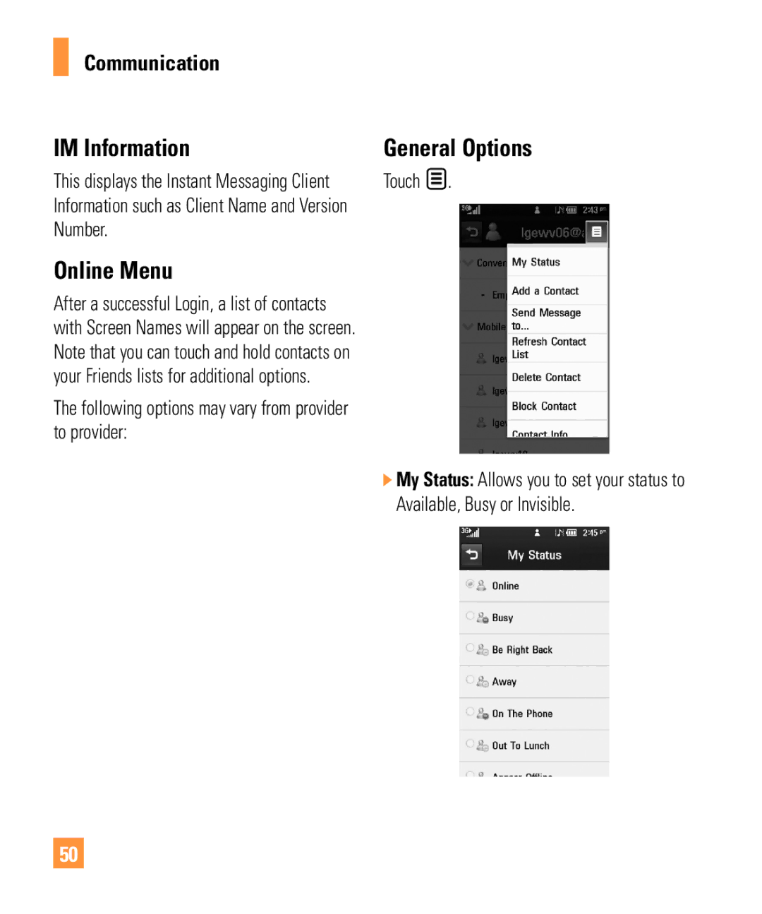 LG Electronics ARENA IM Information, Online Menu, General Options, Following options may vary from provider to provider 