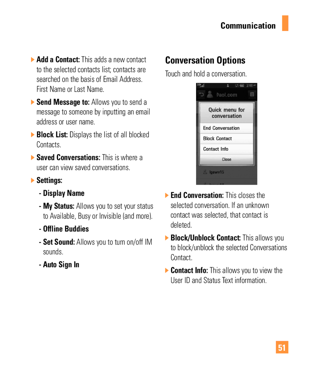 LG Electronics ARENA manual Conversation Options, Settings Display Name, Offline Buddies, Auto Sign 