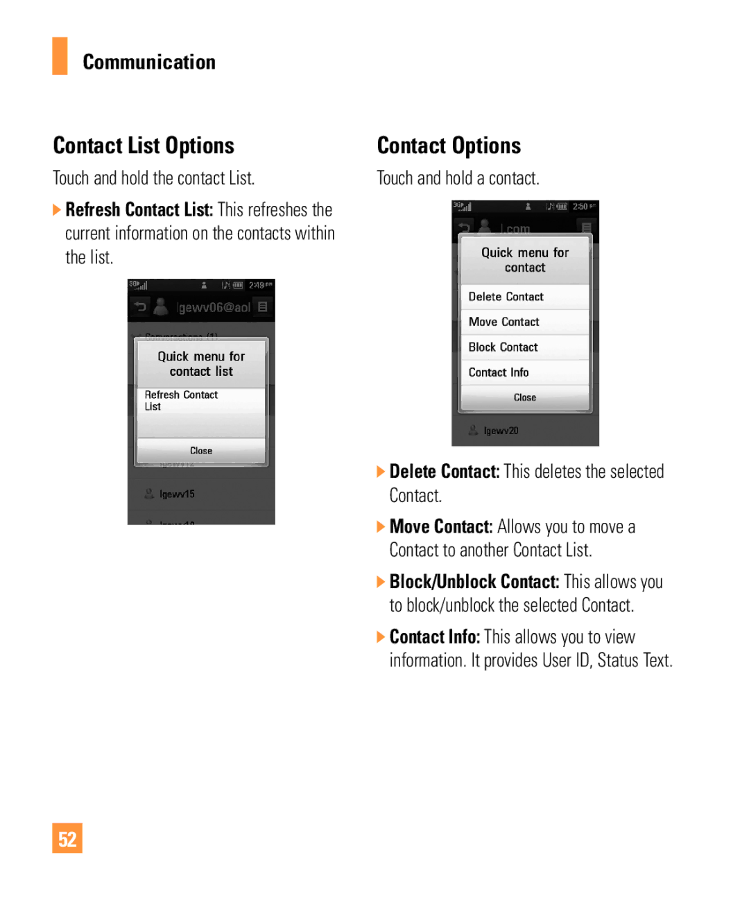 LG Electronics ARENA Contact List Options, Contact Options, Touch and hold the contact List, Touch and hold a contact 