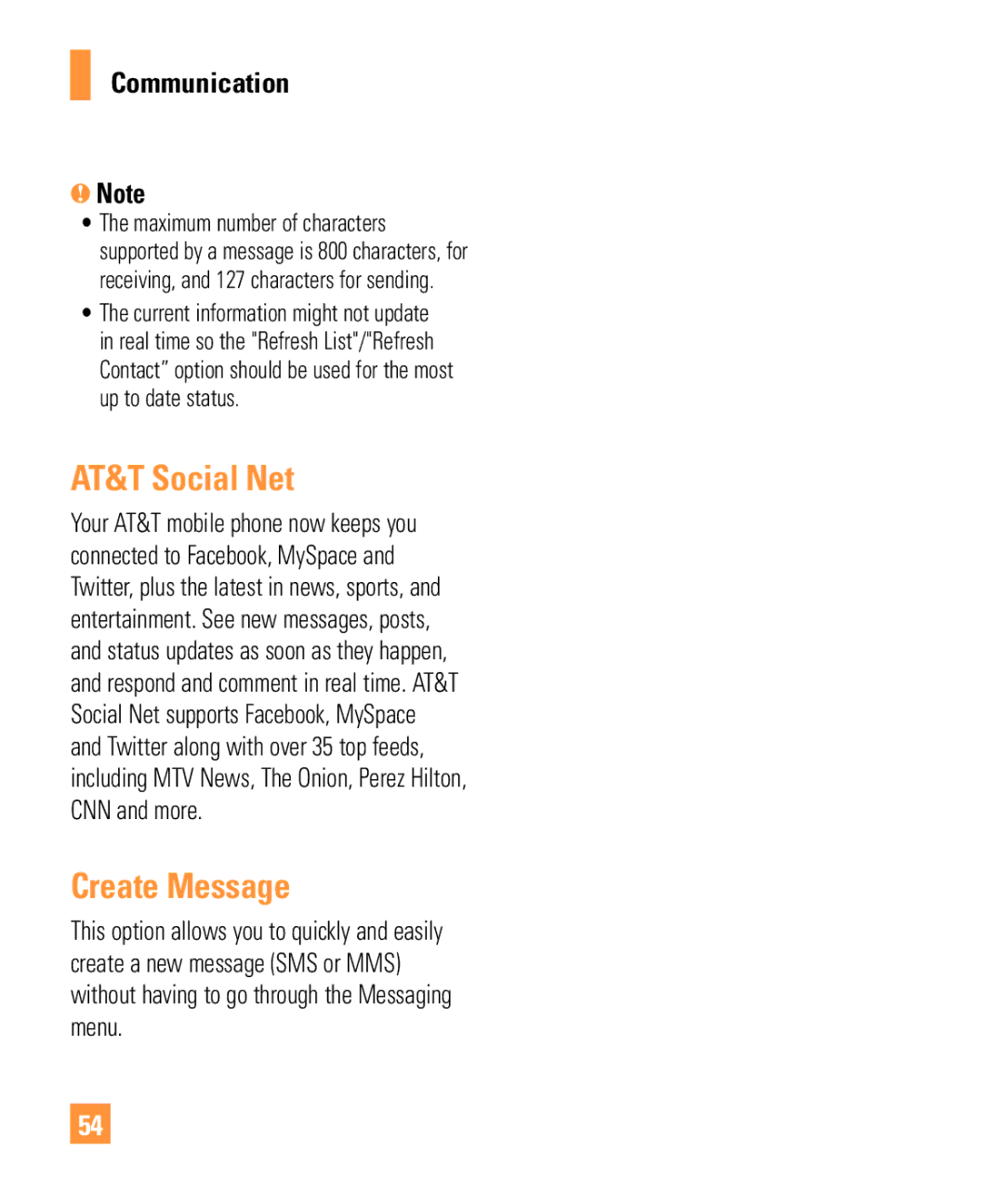 LG Electronics ARENA manual AT&T Social Net, Create Message 