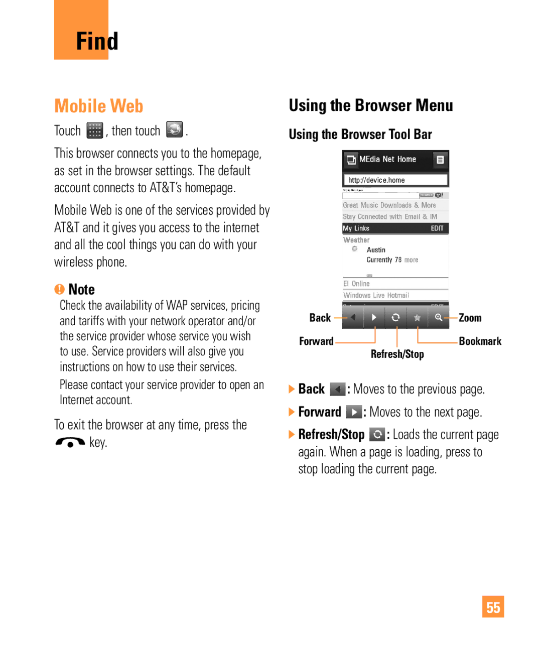 LG Electronics ARENA manual Find, Mobile Web, Using the Browser Menu, Using the Browser Tool Bar 