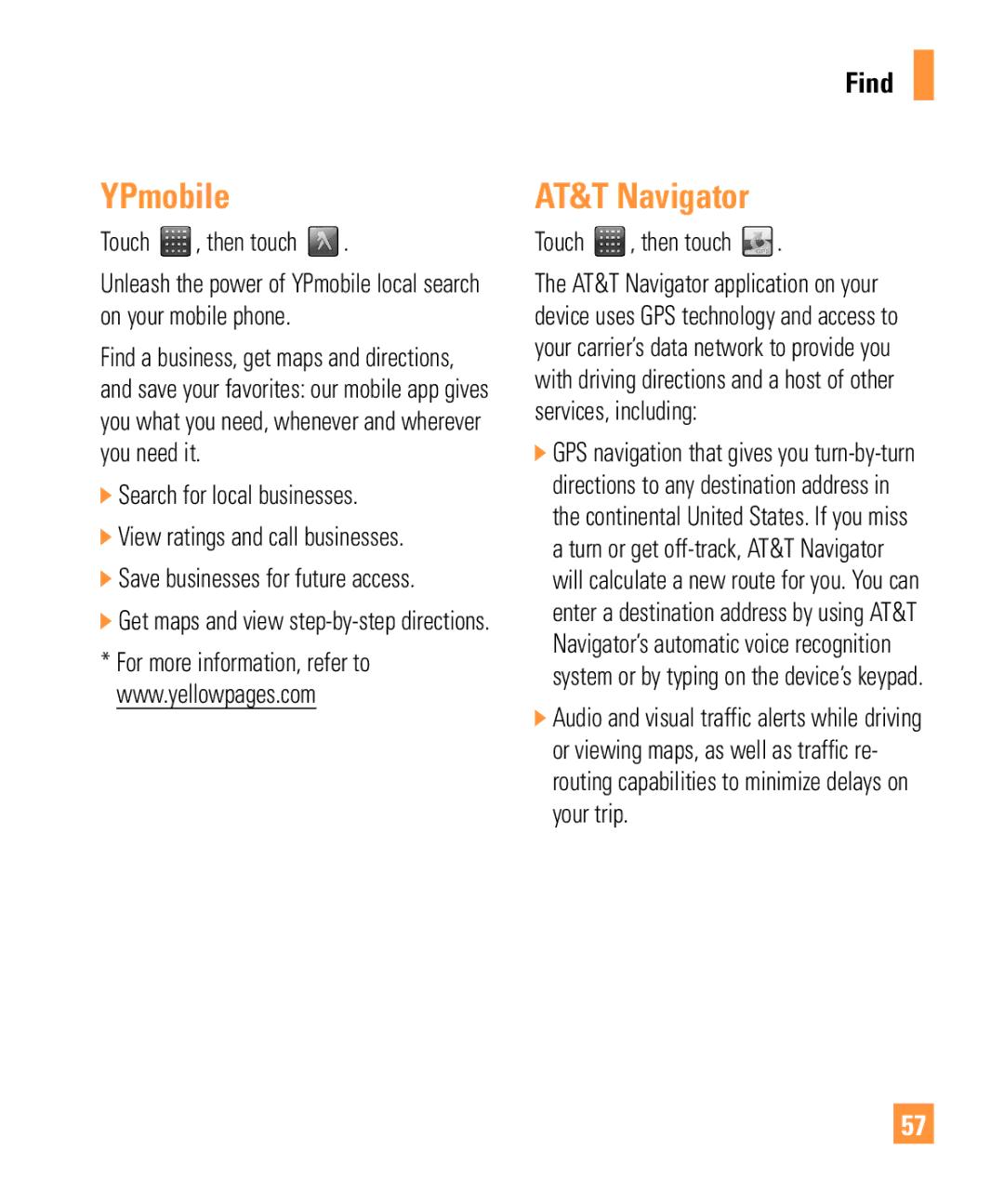 LG Electronics ARENA manual YPmobile, AT&T Navigator 