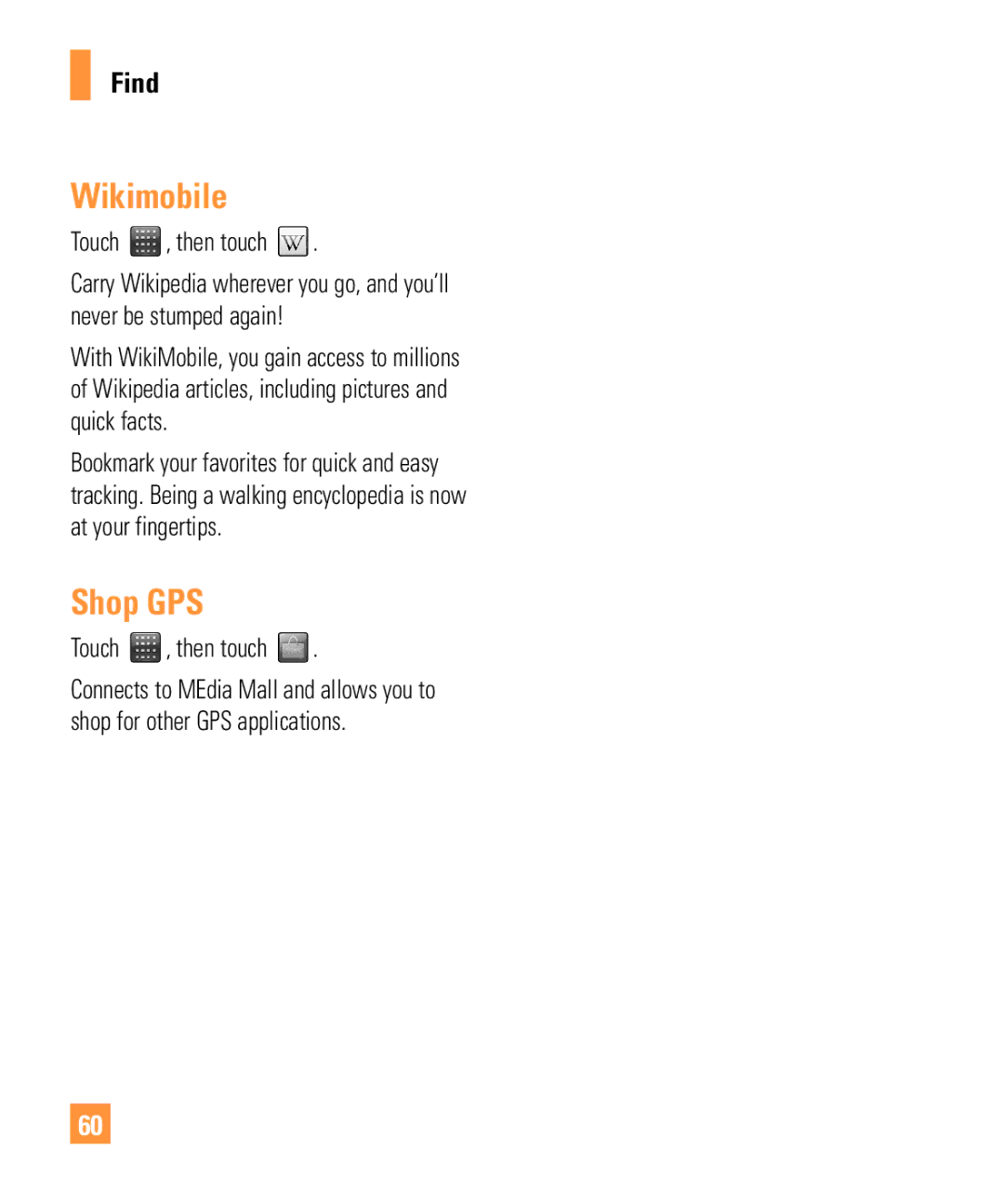 LG Electronics ARENA manual Wikimobile, Shop GPS 