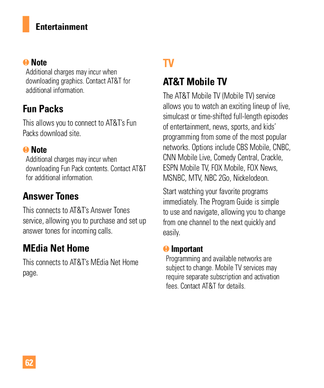 LG Electronics ARENA manual Fun Packs, Answer Tones, AT&T Mobile TV, This connects to AT&T’s MEdia Net Home 