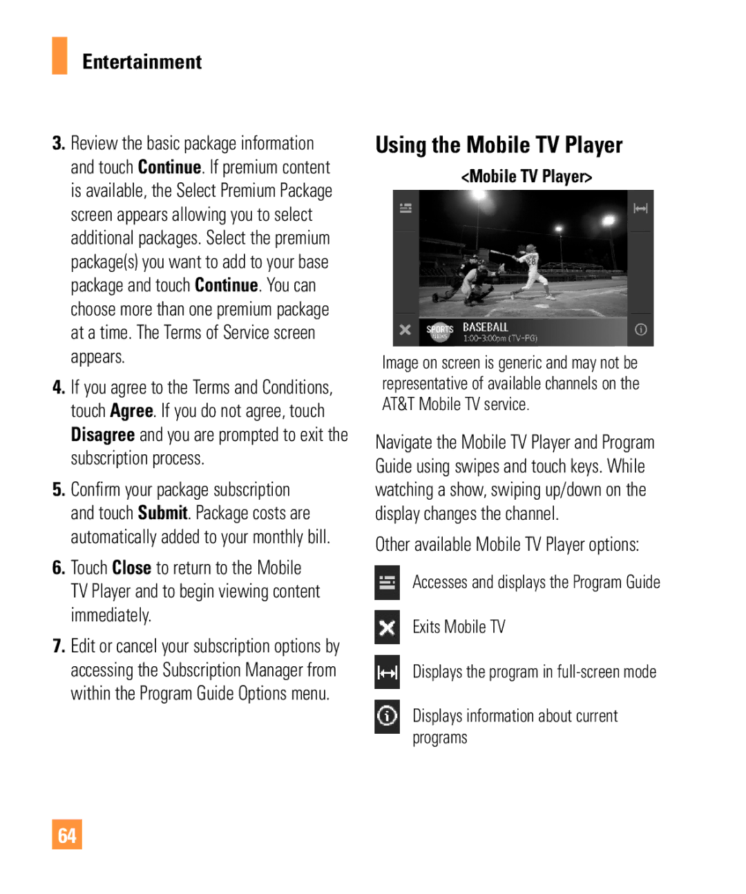 LG Electronics ARENA manual Using the Mobile TV Player, Displays information about current programs 