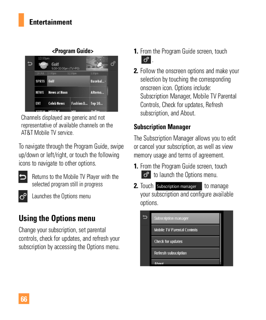 LG Electronics ARENA manual Using the Options menu, Subscription Manager, Your subscription and configure available options 