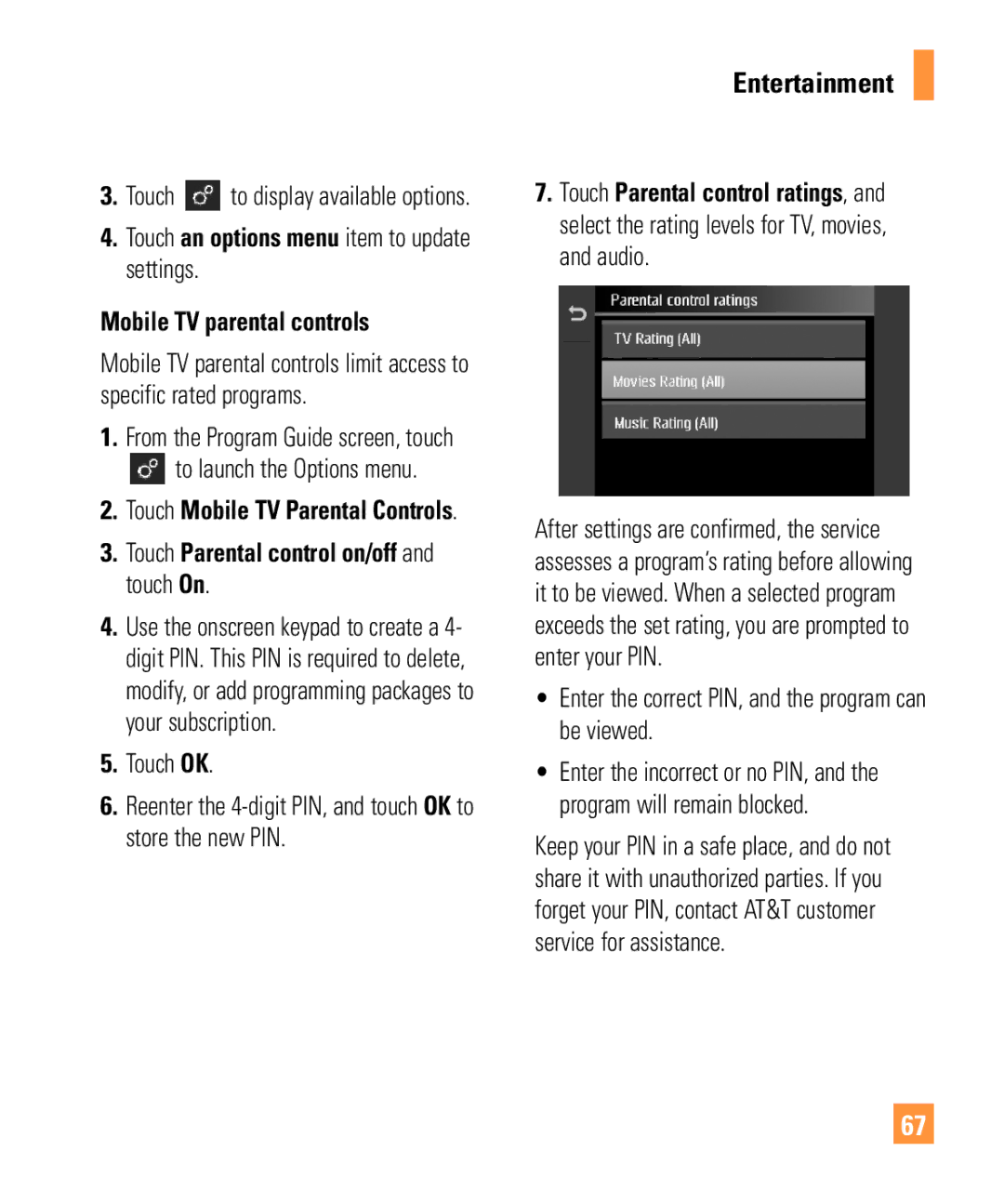 LG Electronics ARENA manual Touch Parental control on/off and touch On, Touch OK 