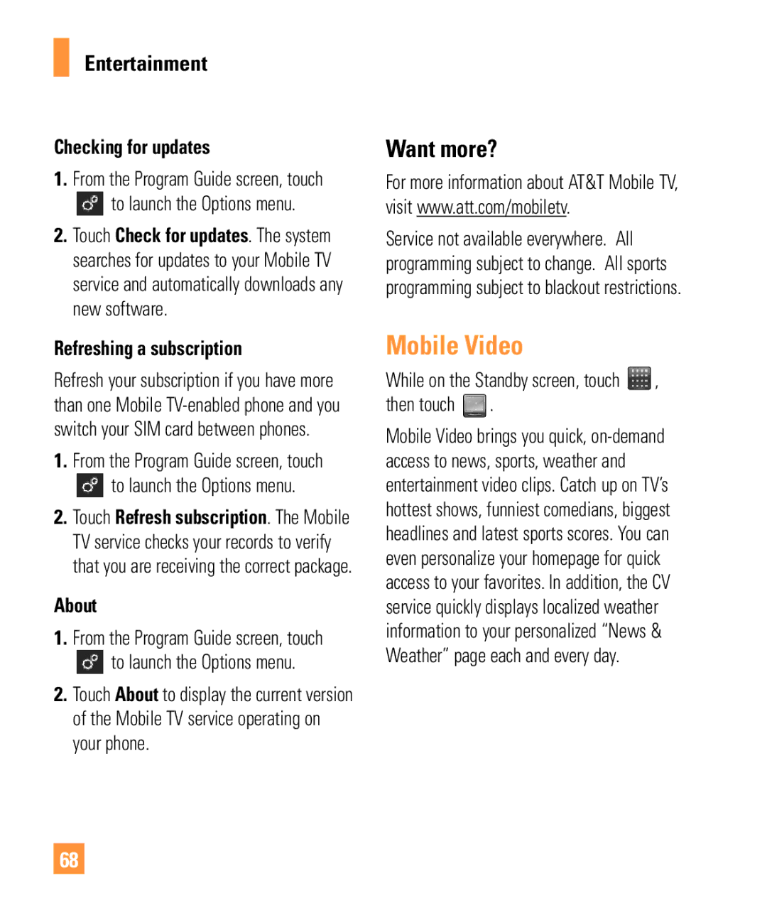 LG Electronics ARENA manual Mobile Video, Want more?, Checking for updates, Refreshing a subscription, About 