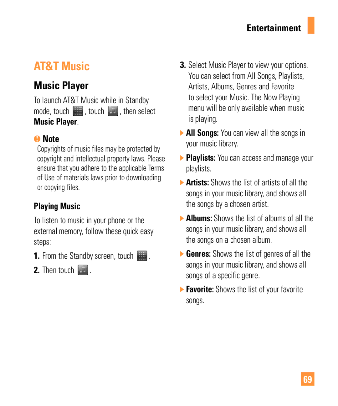 LG Electronics ARENA manual AT&T Music, Music Player, Playing Music 