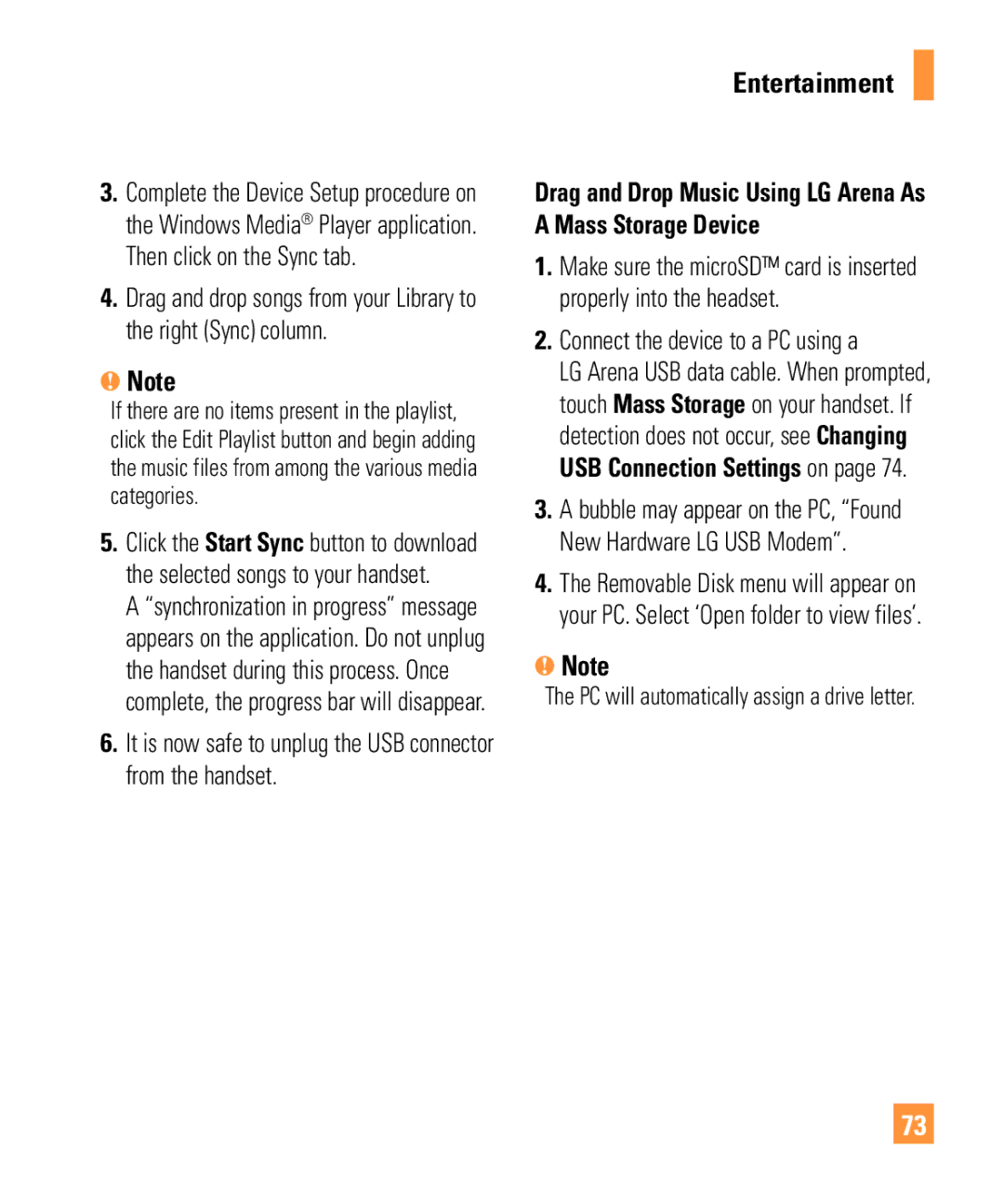 LG Electronics ARENA manual Connect the device to a PC using a, It is now safe to unplug the USB connector from the handset 