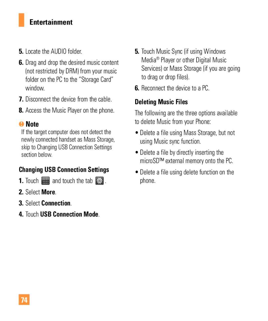 LG Electronics ARENA manual Select Connection Touch USB Connection Mode, Deleting Music Files 