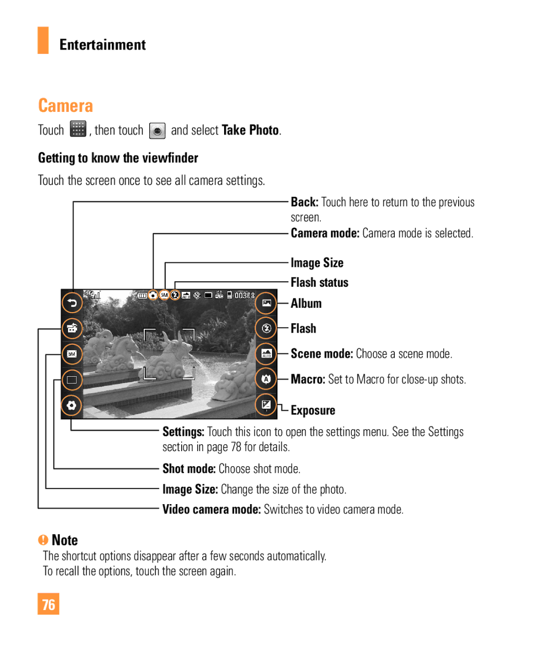 LG Electronics ARENA manual Camera, Touch , then touch and select Take Photo, Getting to know the viewfinder 