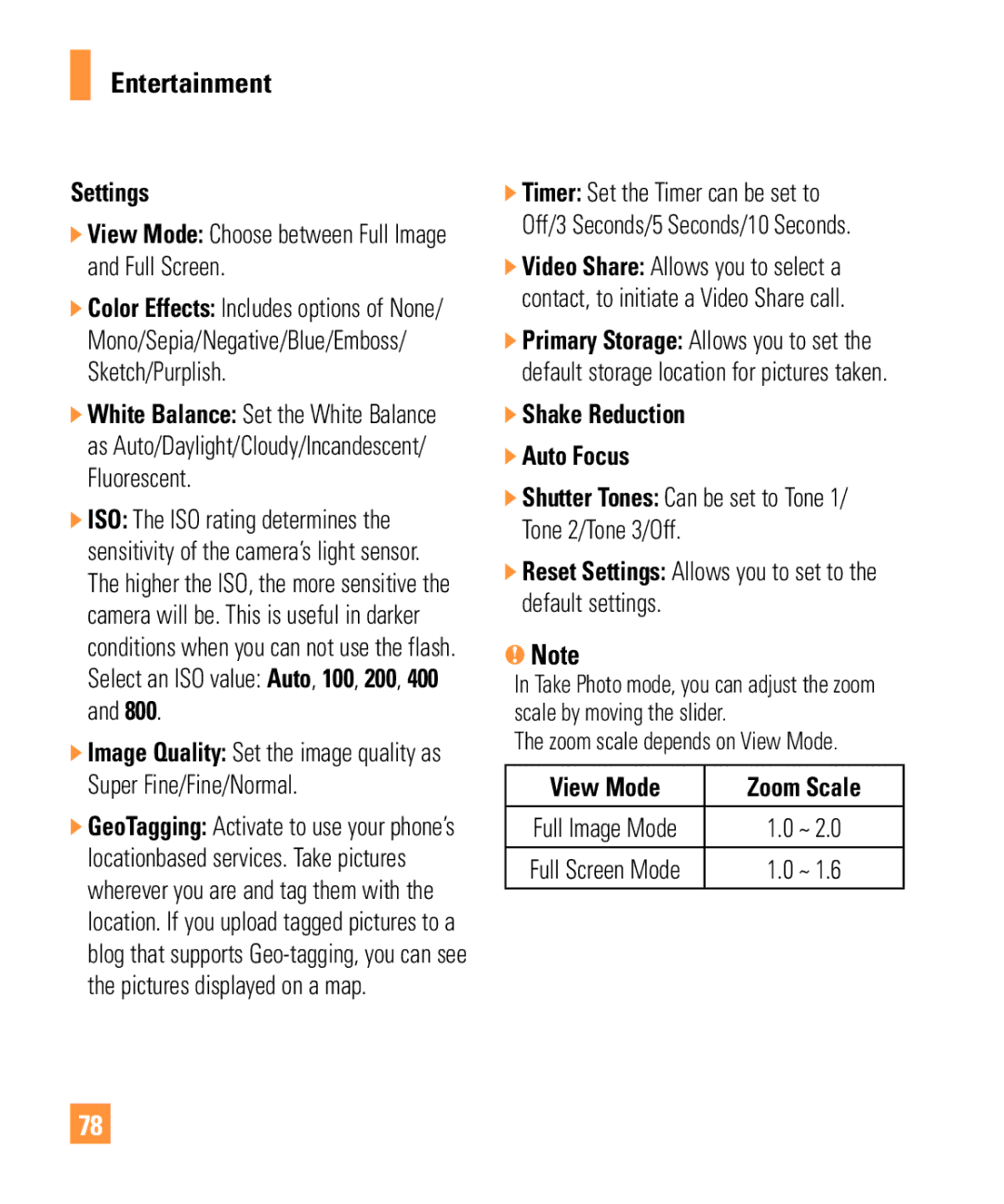 LG Electronics ARENA manual Shake Reduction Auto Focus, Reset Settings Allows you to set to the default settings 