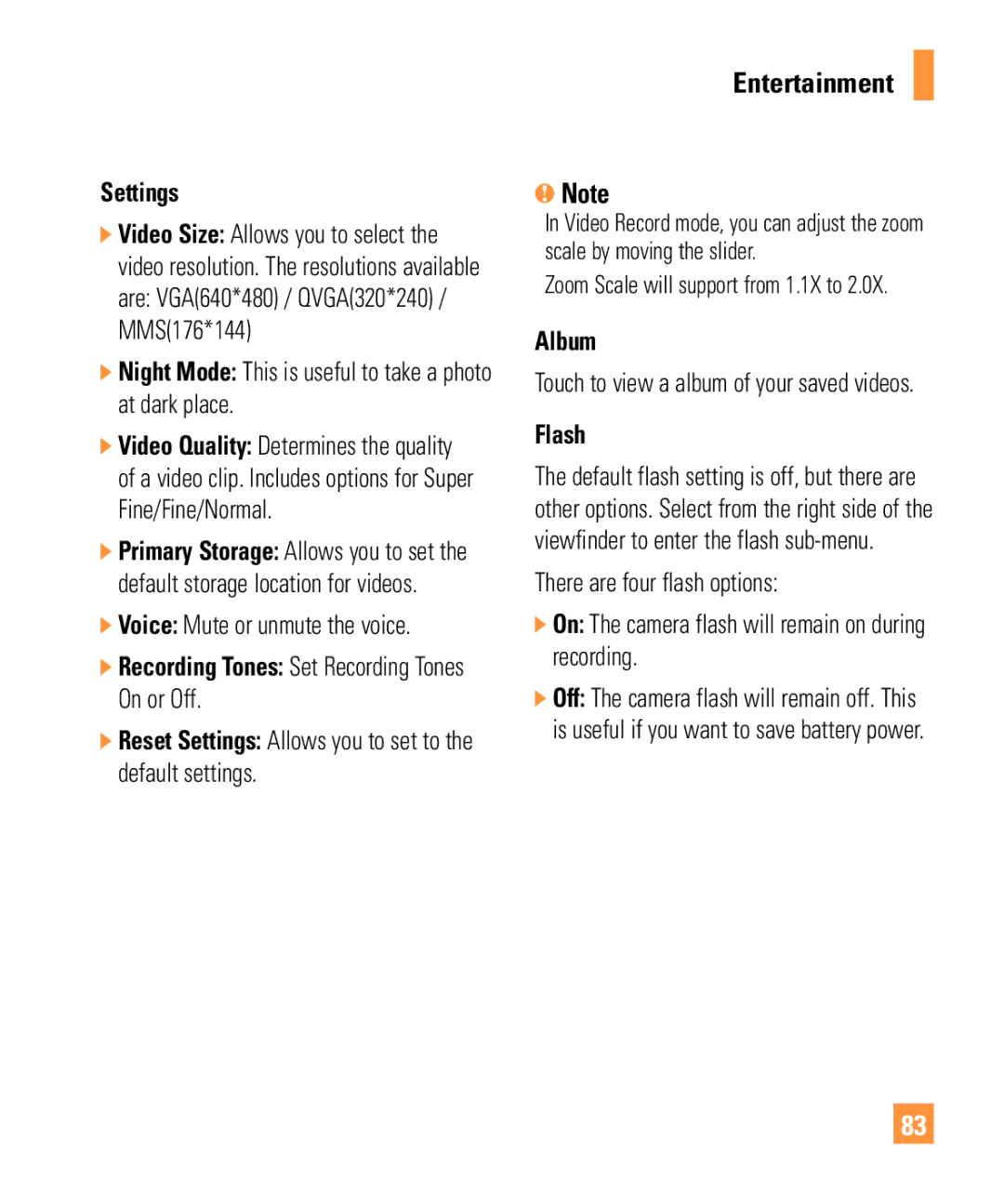 LG Electronics ARENA manual Night Mode This is useful to take a photo at dark place, Voice Mute or unmute the voice 