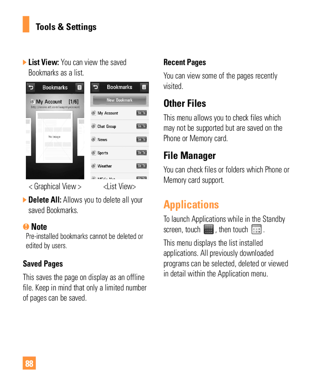 LG Electronics ARENA manual Applications, Other Files, File Manager, Saved Pages, Recent Pages 