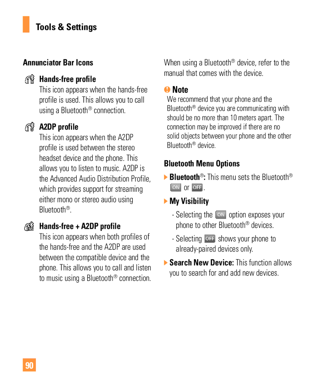LG Electronics ARENA manual Annunciator Bar Icons Hands-free profile, Hands-free + A2DP profile, Bluetooth Menu Options 
