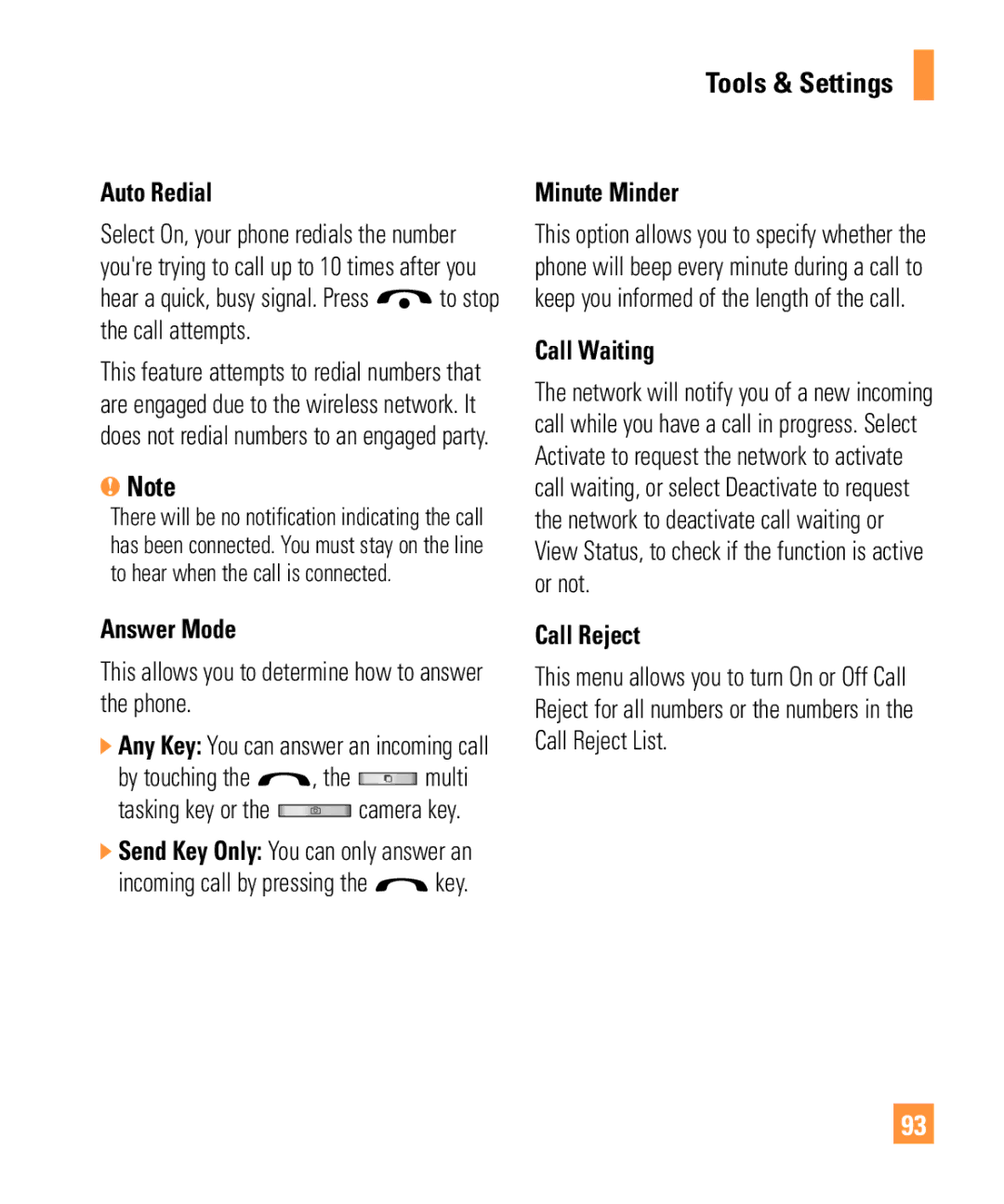 LG Electronics ARENA manual Auto Redial, Answer Mode, Minute Minder, Call Waiting, Call Reject 