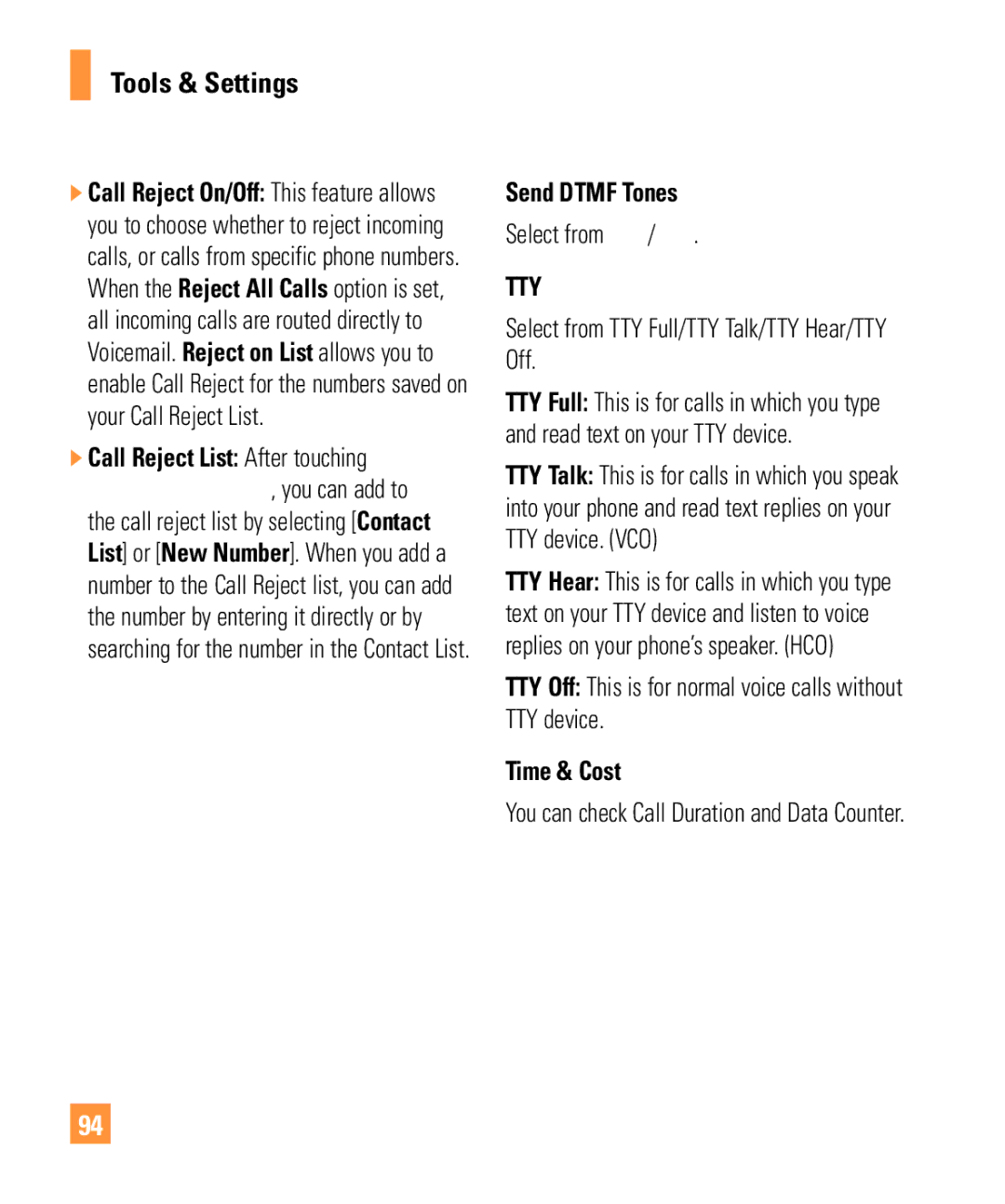 LG Electronics ARENA manual Call Reject List After touching, Send Dtmf Tones, Time & Cost 