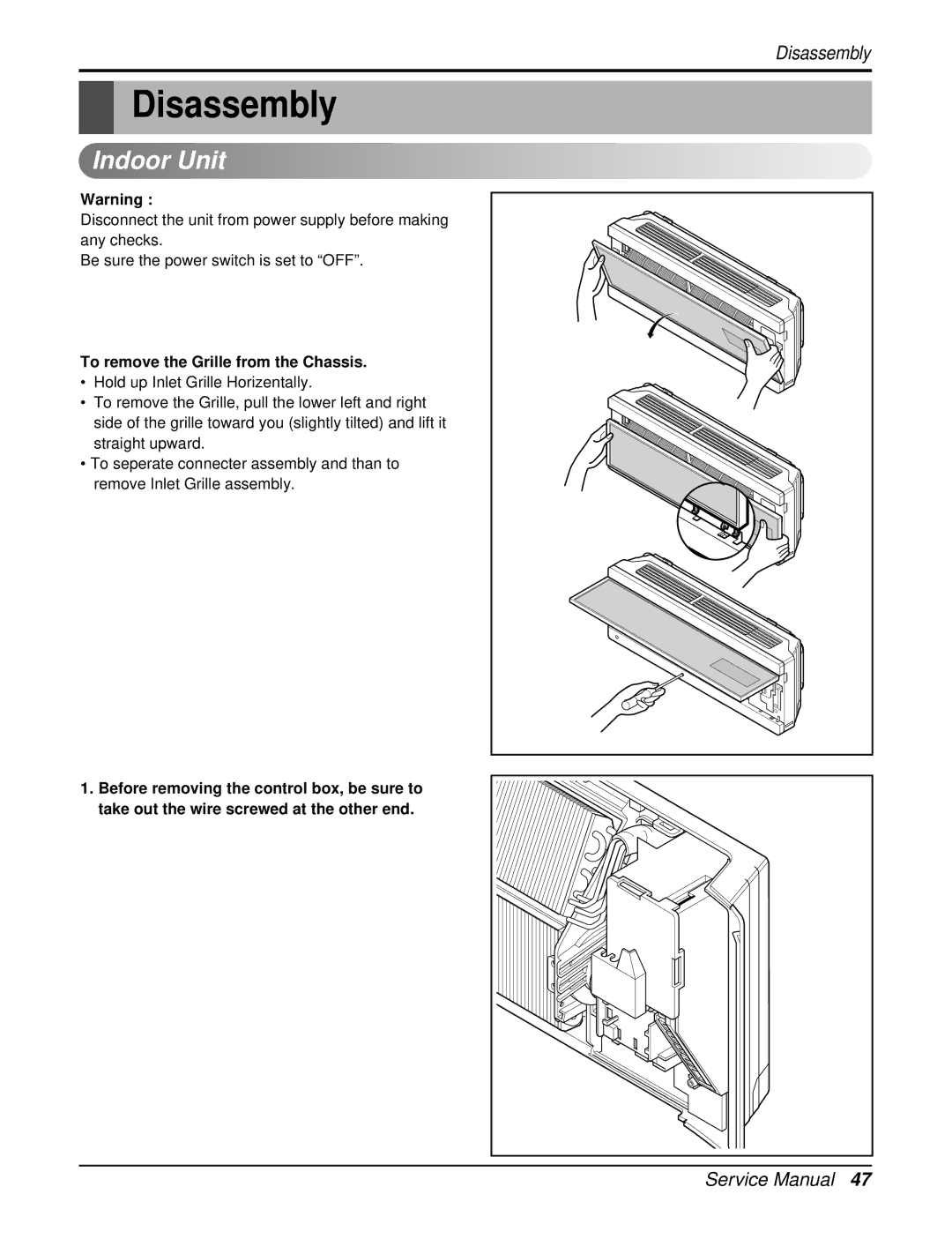 LG Electronics AS-W096URH0/UBH0/UWH0/UMH0, AS-W126URH1/UBH1/UWH1/UMH1 Disassembly, To remove the Grille from the Chassis 