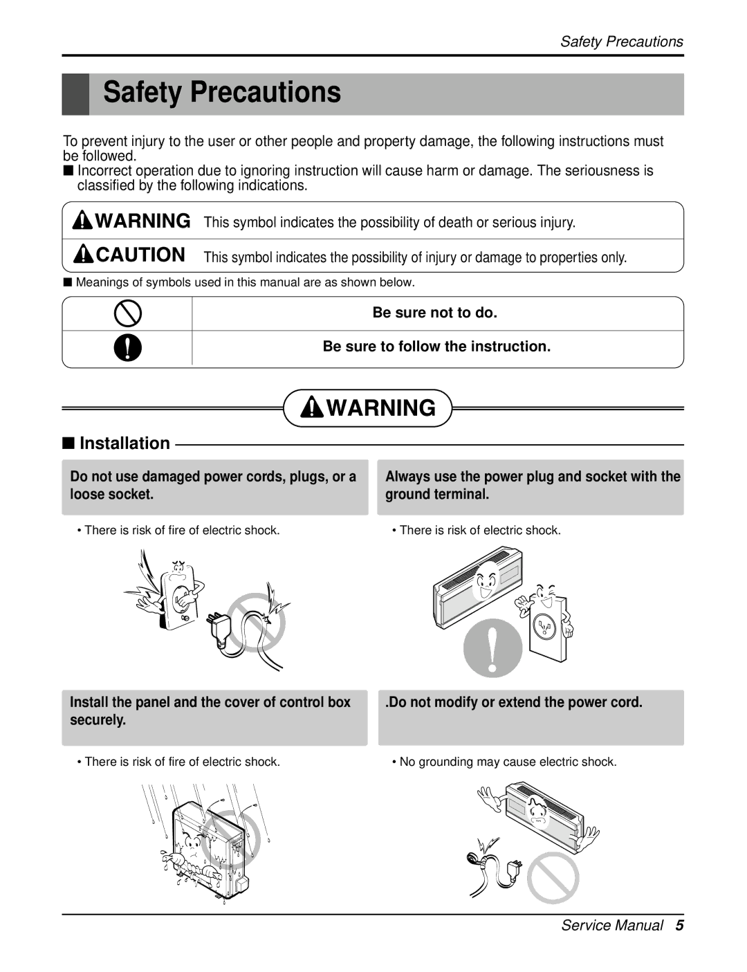 LG Electronics AS-W126URH0/UBH0/UWH0/UMH0/UCH0, AS-W126URH1/UBH1/UWH1/UMH1 service manual Safety Precautions, Installation 