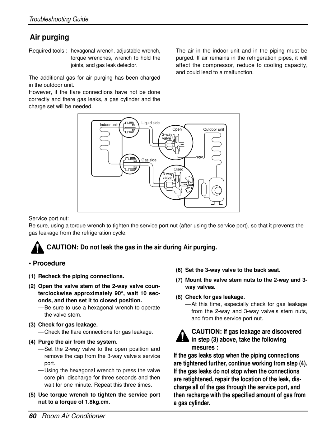 LG Electronics AS-W126URH1/UBH1/UWH1/UMH1 Air purging, Procedure, Check for gas leakage, Purge the air from the system 