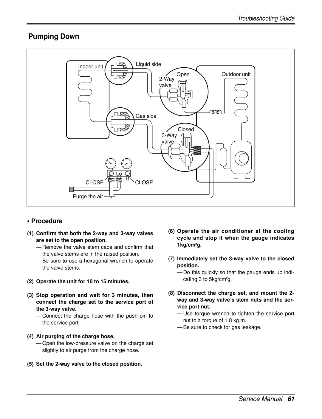 LG Electronics AS-W126URH0/UBH0/UWH0/UMH0/UCH0, AS-W126URH1/UBH1/UWH1/UMH1 Pumping Down, Air purging of the charge hose 