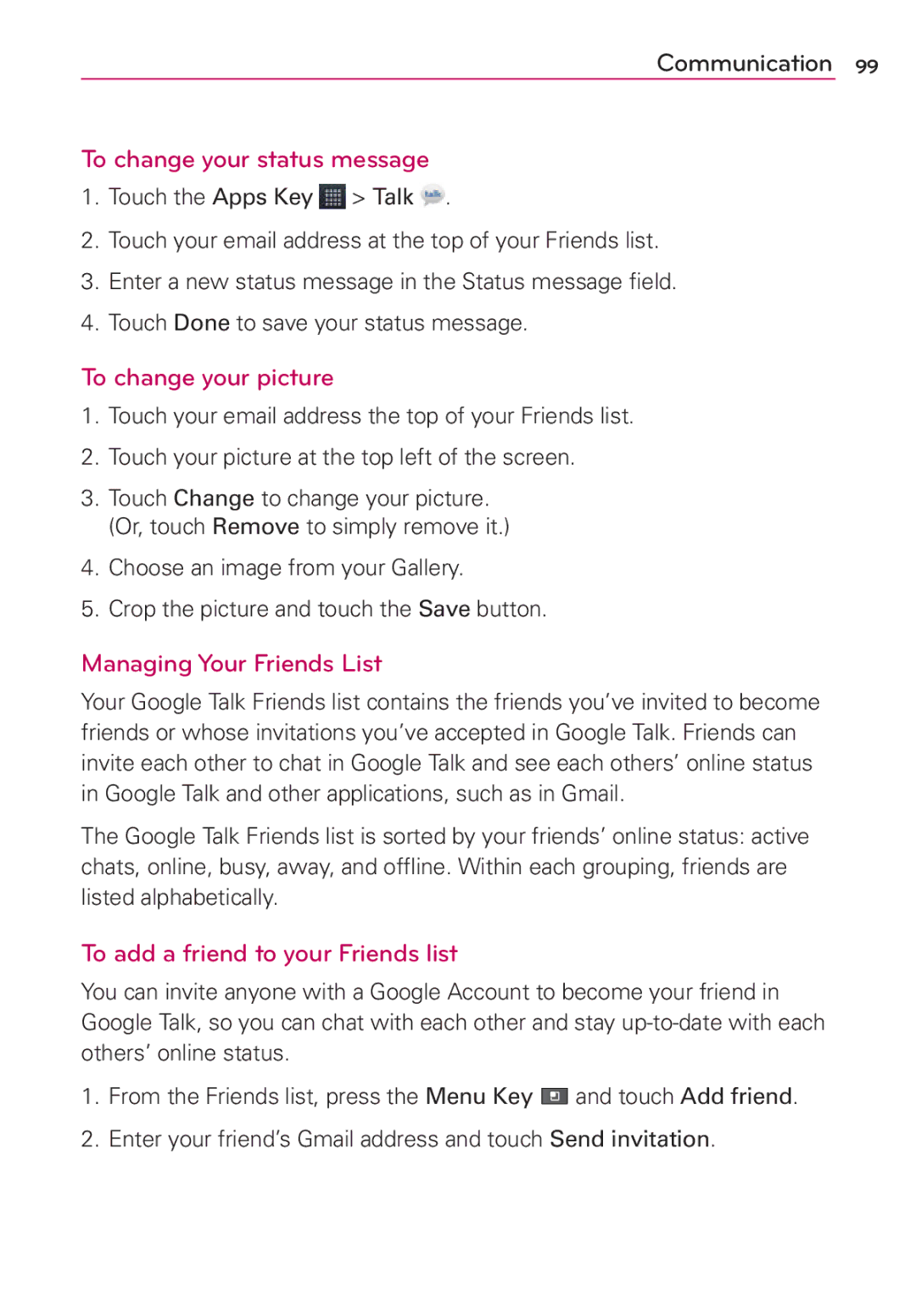 LG Electronics AS680 manual To change your status message, To change your picture, Managing Your Friends List 