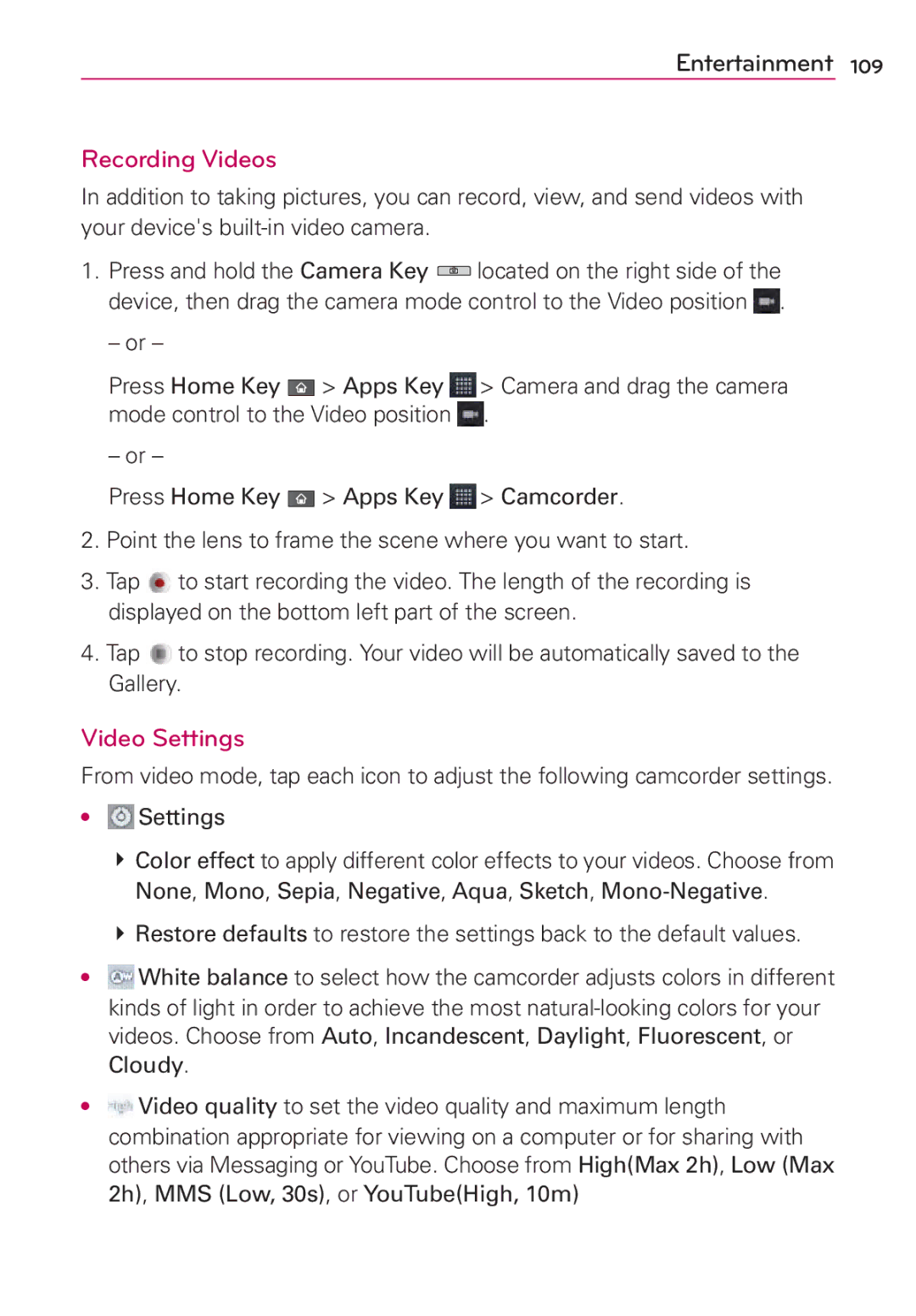 LG Electronics AS680 manual Recording Videos, Video Settings 