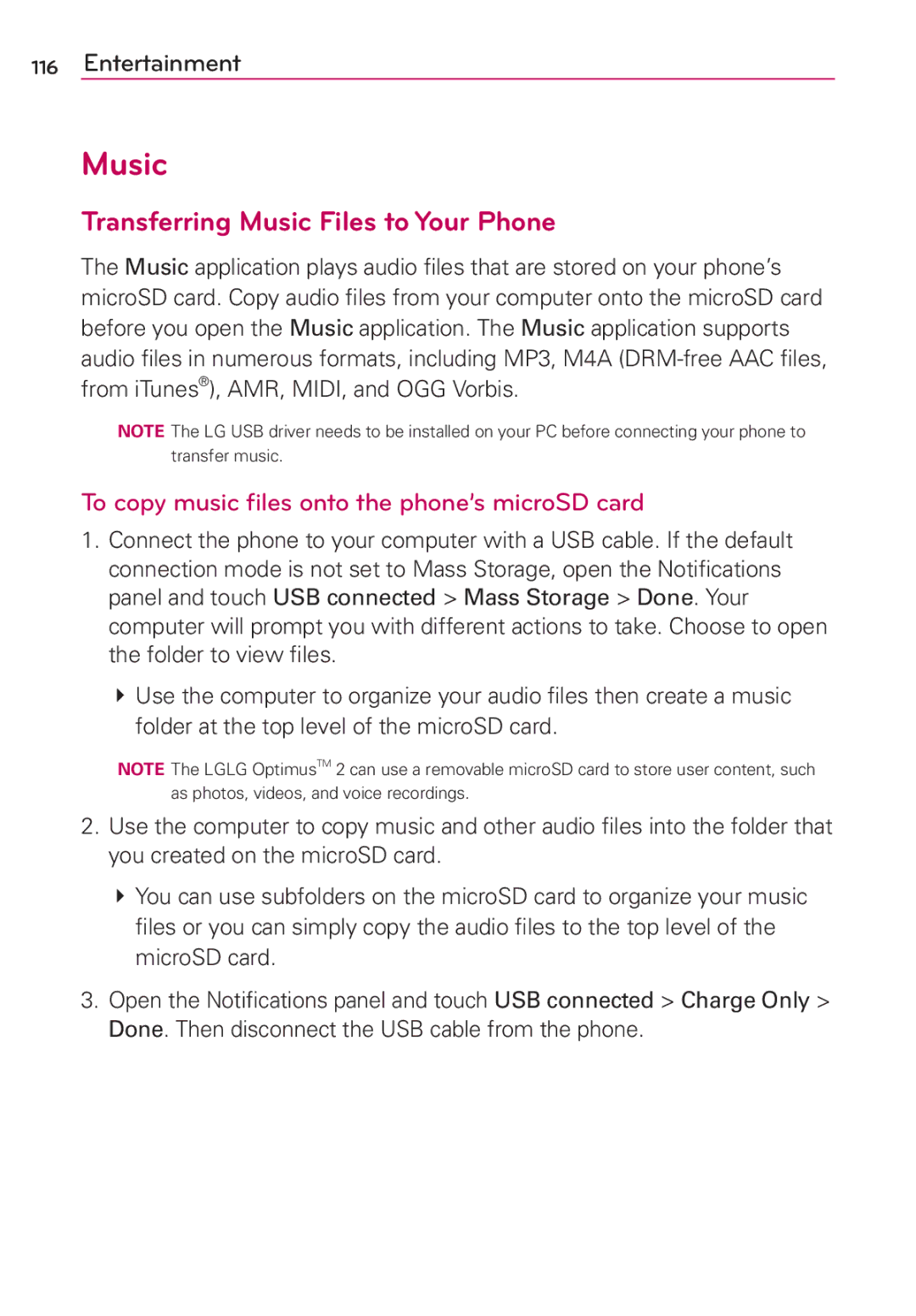 LG Electronics AS680 manual Transferring Music Files to Your Phone, To copy music ﬁles onto the phone’s microSD card 