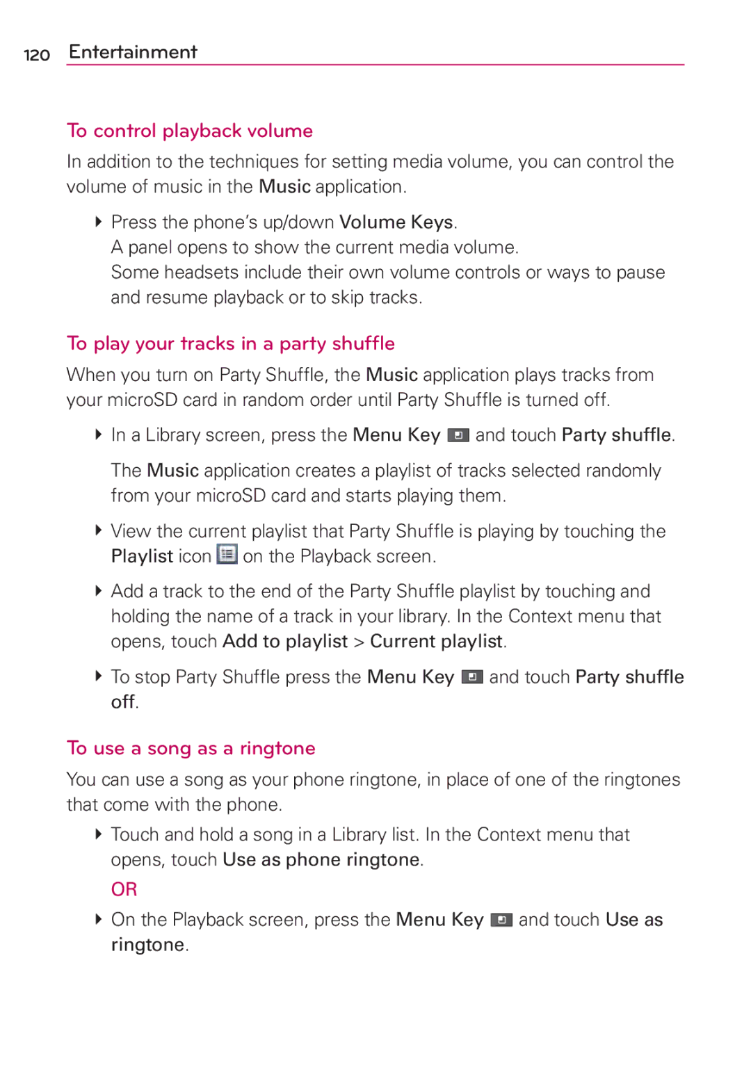 LG Electronics AS680 manual To control playback volume, To play your tracks in a party shufﬂe, To use a song as a ringtone 