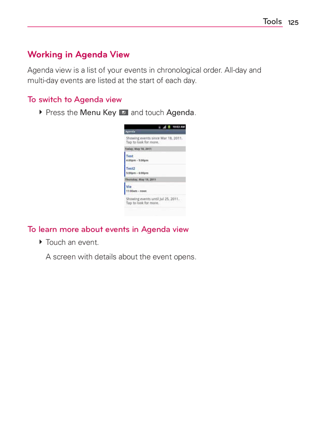 LG Electronics AS680 manual Working in Agenda View, To switch to Agenda view, To learn more about events in Agenda view 