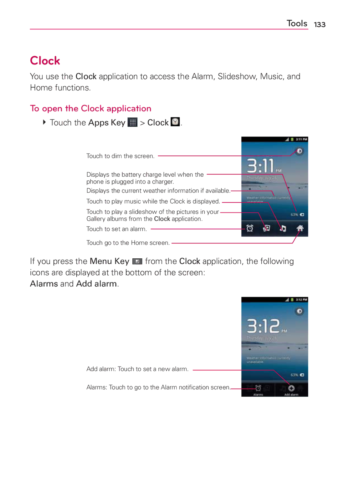 LG Electronics AS680 manual To open the Clock application, # Touch the Apps Key Clock 