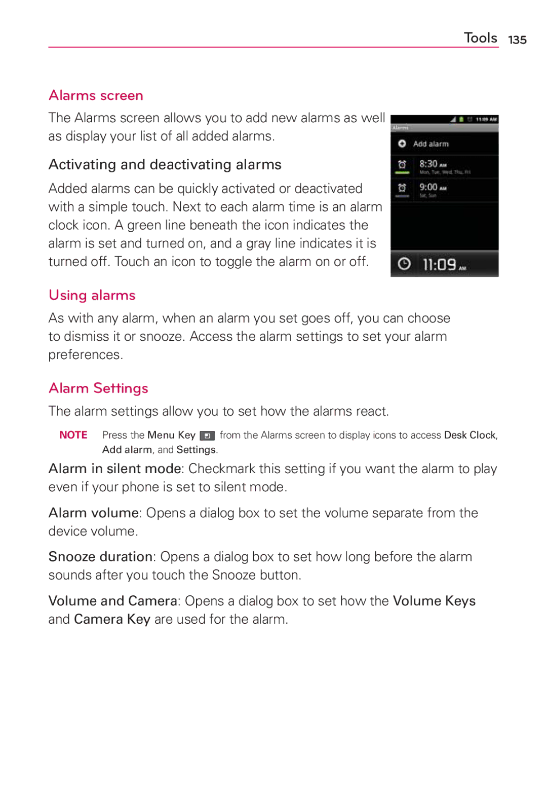 LG Electronics AS680 Alarms screen, Using alarms, Alarm Settings, Alarm settings allow you to set how the alarms react 